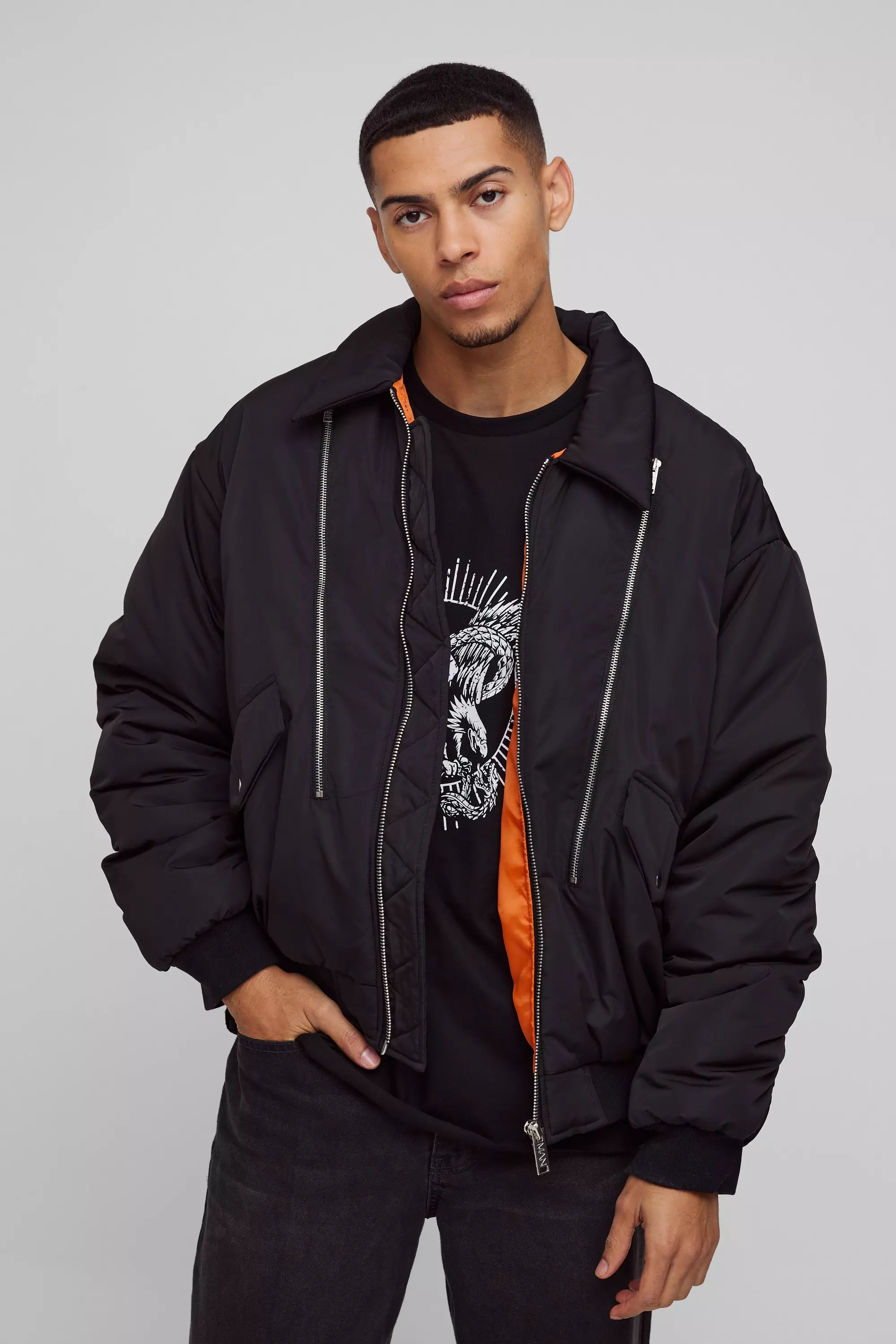 Black Oversized Zwart Boxy Bomberjack Met Kraag alternatieve afbeelding