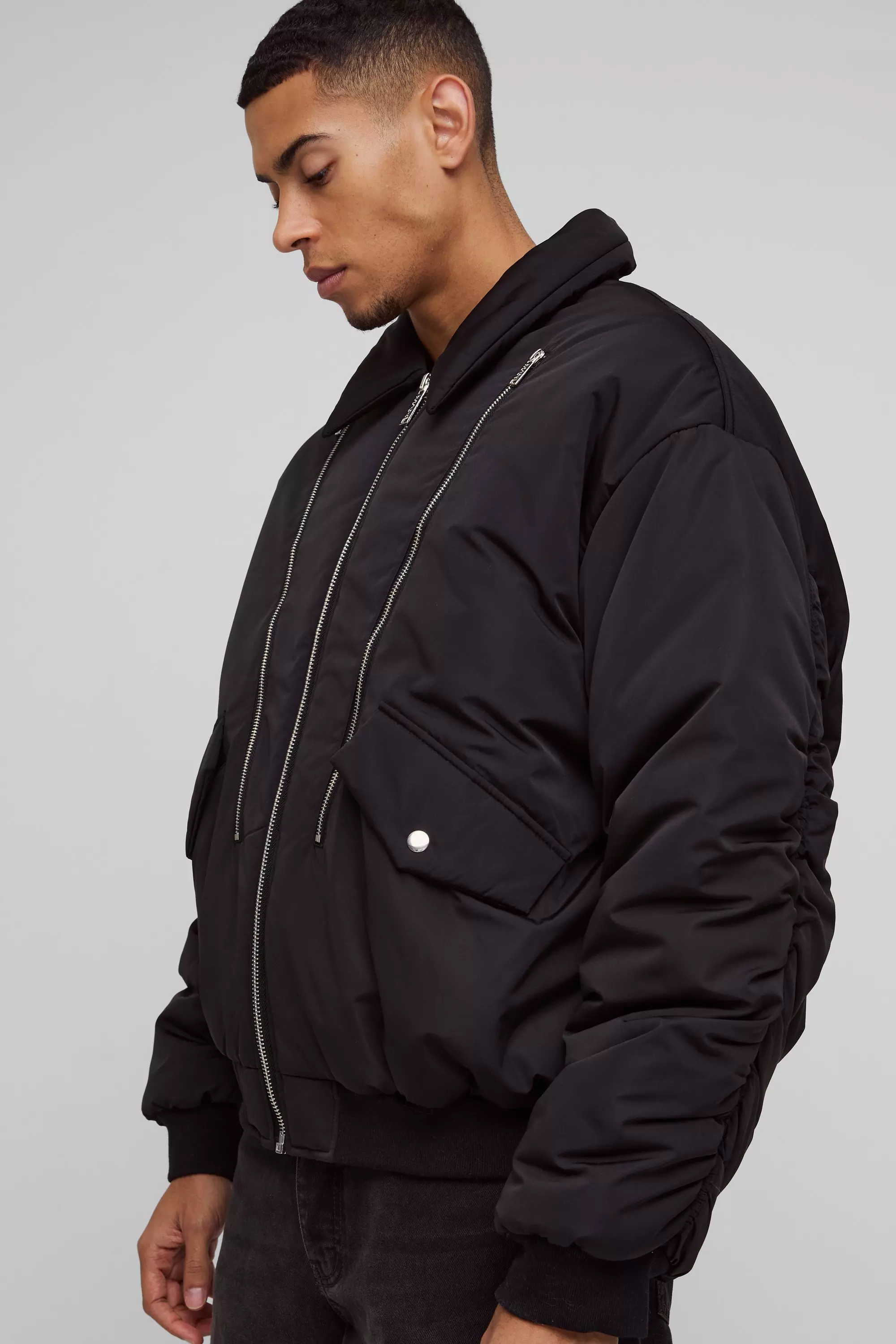 Black Oversized Zwart Boxy Bomberjack Met Kraag alternatieve afbeelding