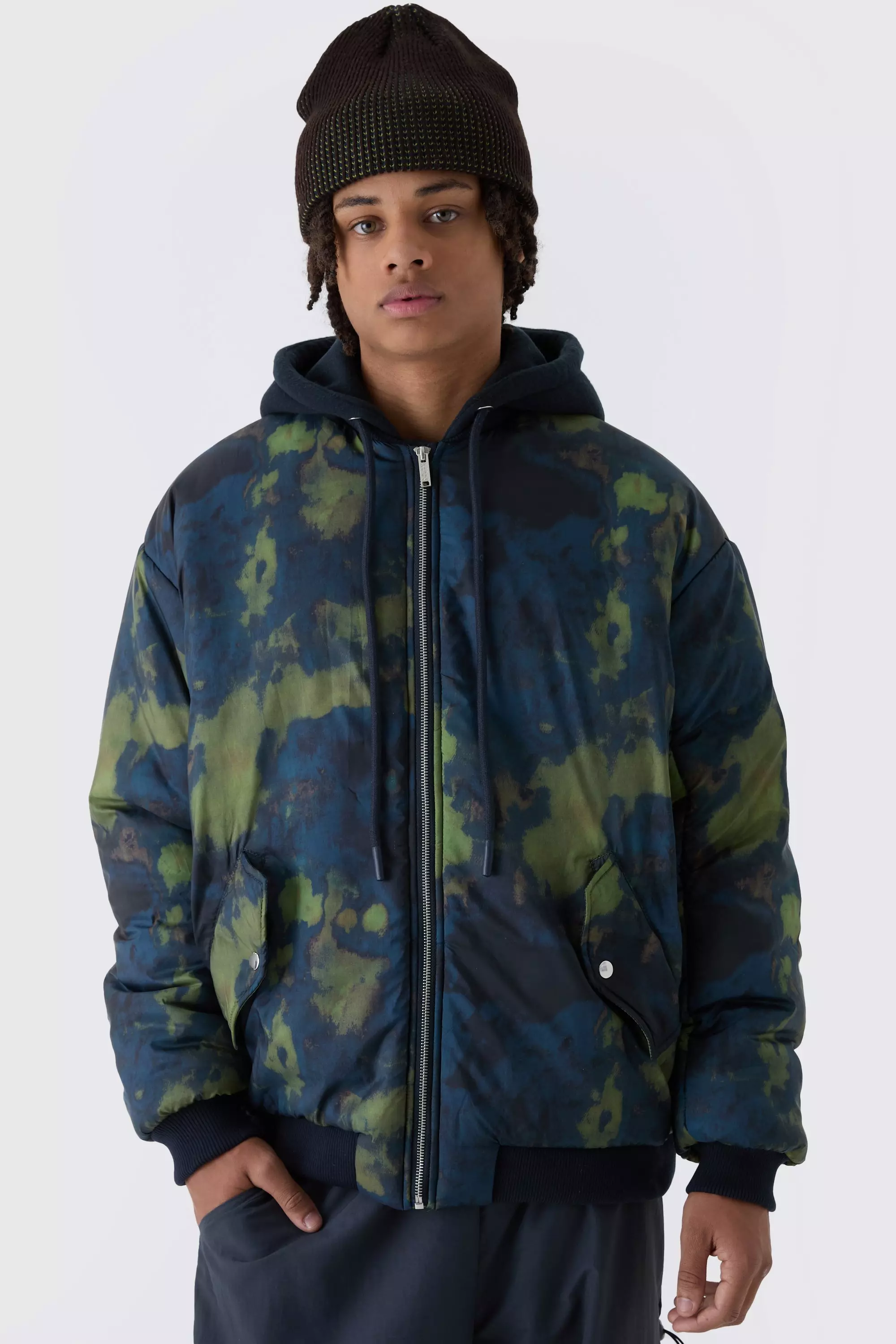 Navy Oversized Abstract Print Hooded Bomber Jacket In Navy