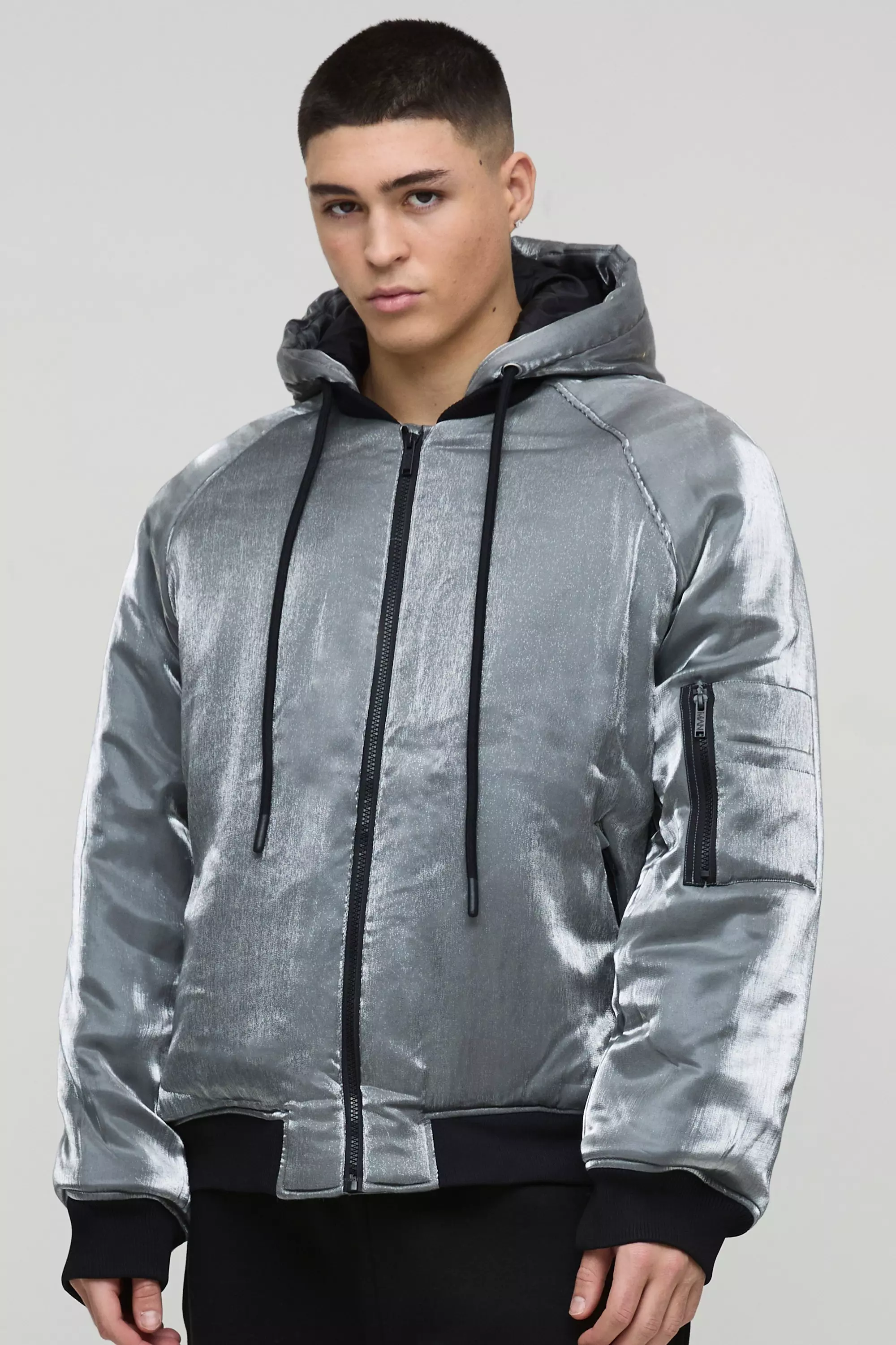 Oversized Liquid Metallic Hooded Bomber Jacket In Grey Grey