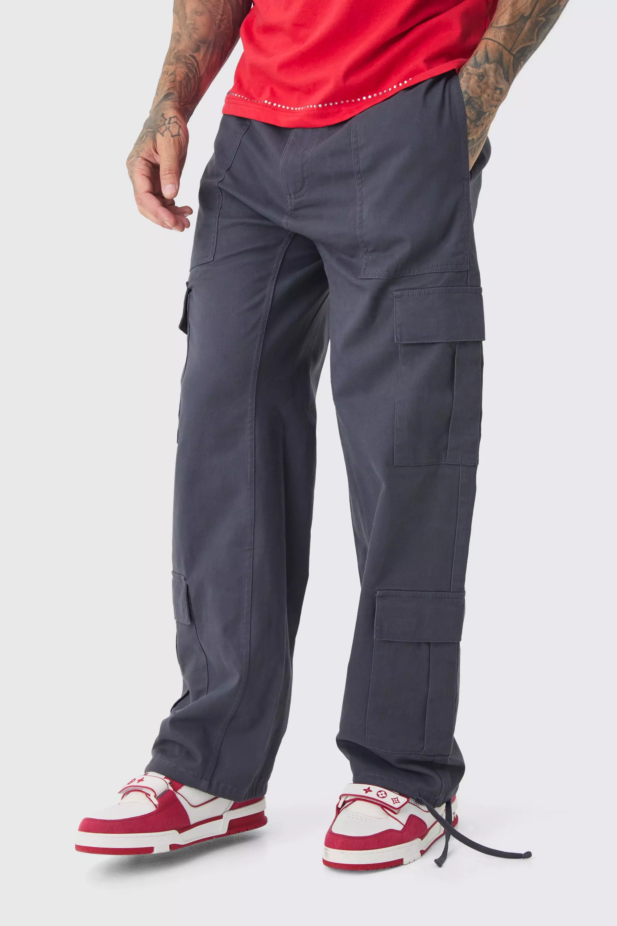 Tall Multi Cargo Gusset Baggy Cargo Trousers Black