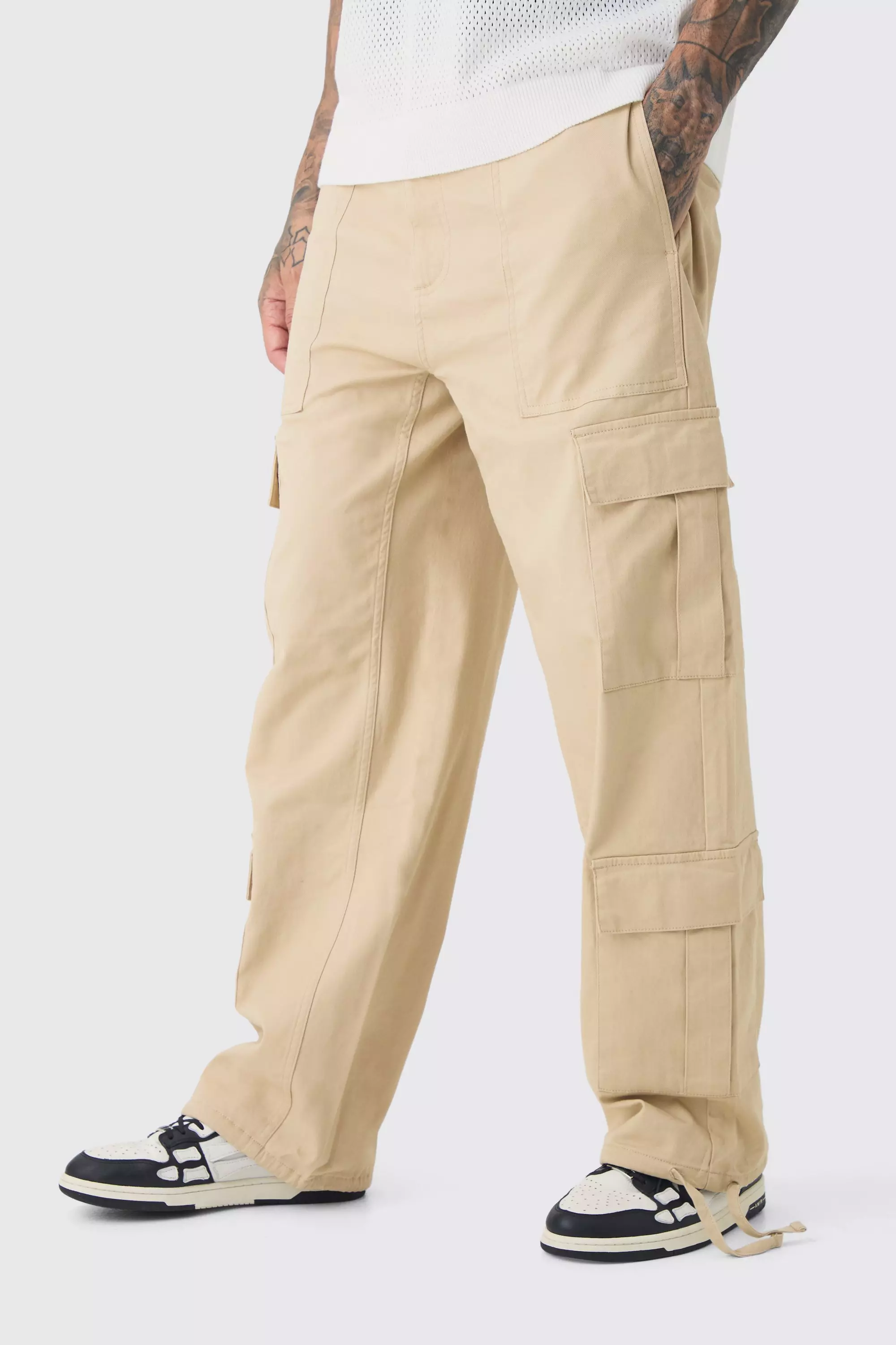 Tall Multi Cargo Gusset Baggy Cargo Trousers Stone