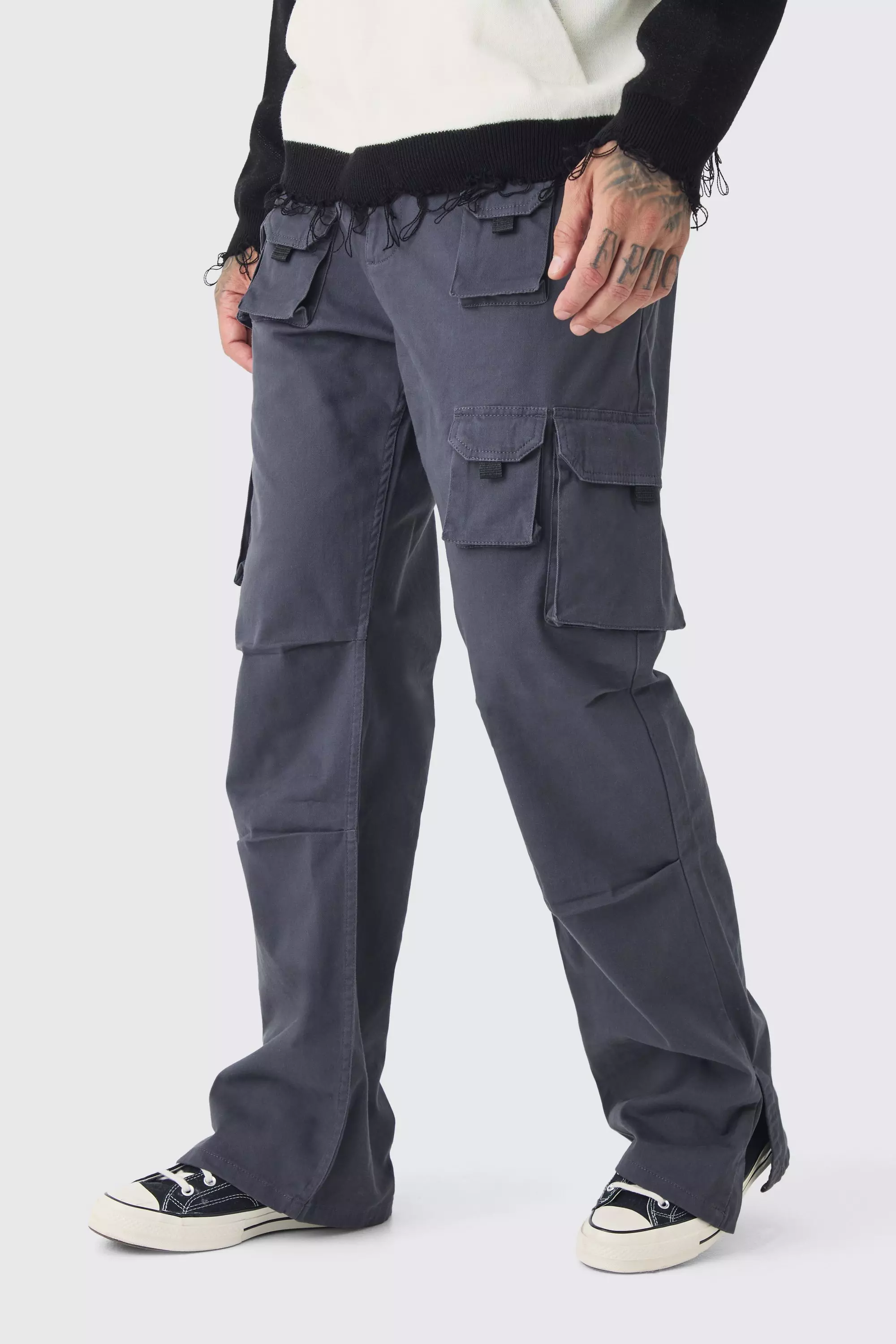 Black Tall Multi Split Hem Relaxed Fit Cargo Trousers alternative image