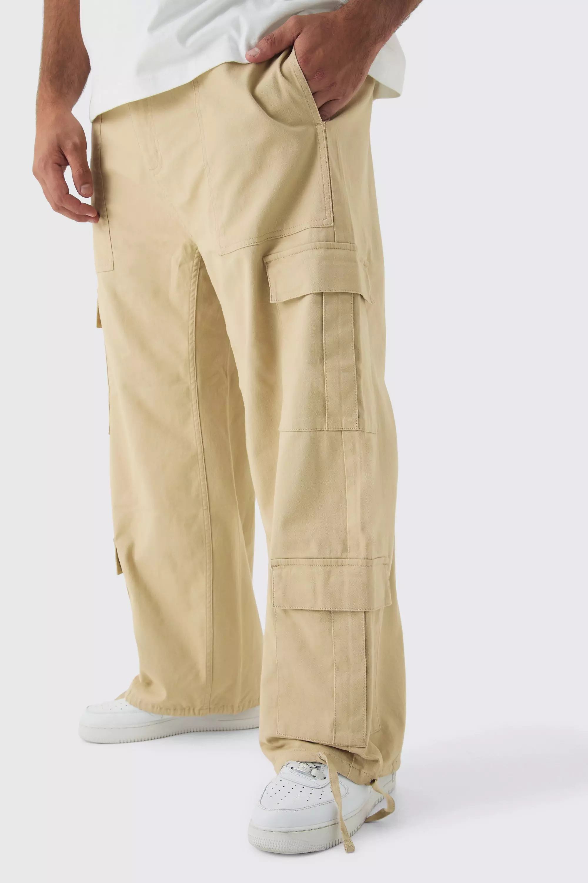 Plus Multi Cargo Gusset Baggy Cargo Trousers Stone