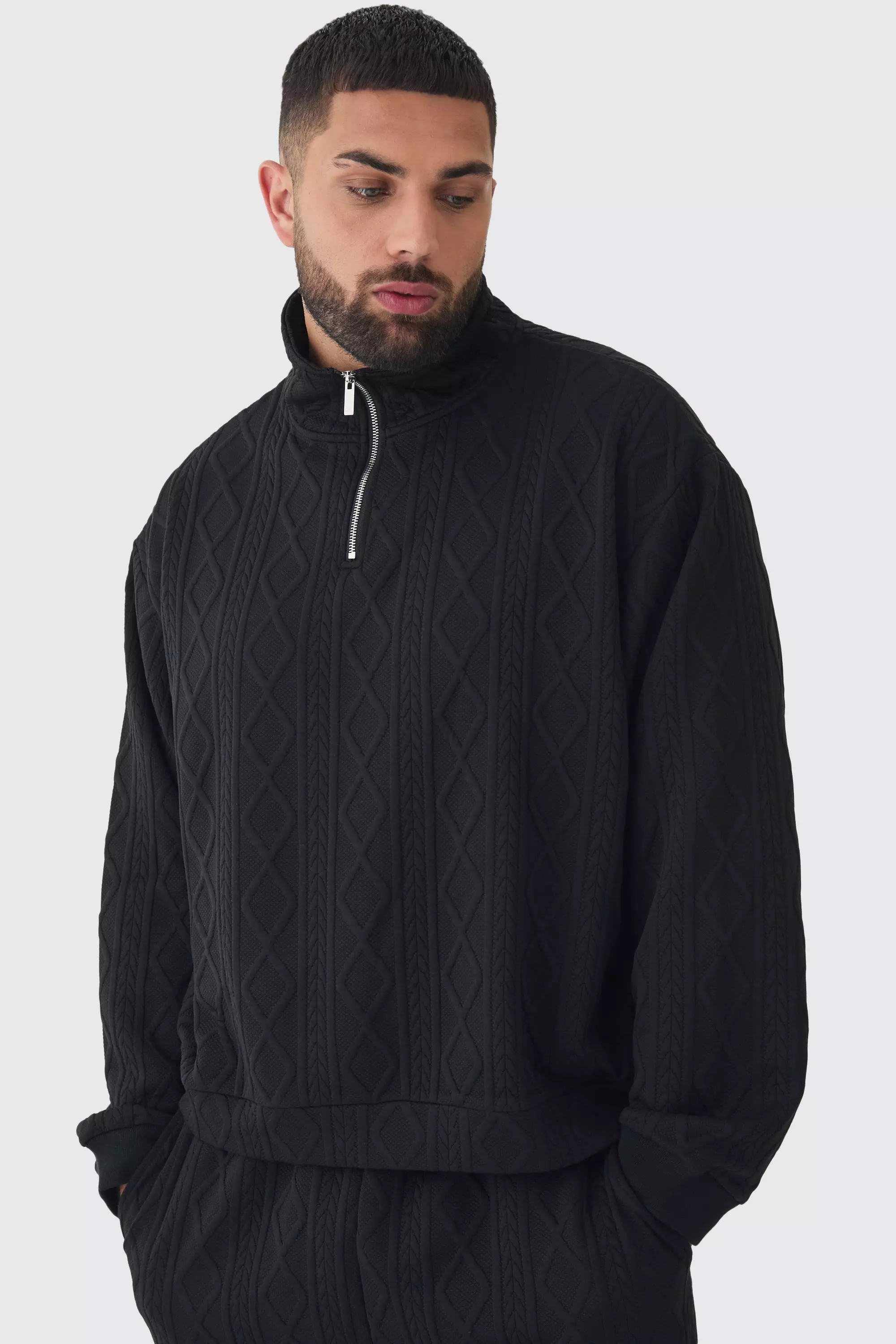 Black Plus Cable Knit Look Oversized Boxy 1/4 Zip Funnel Neck Sweat