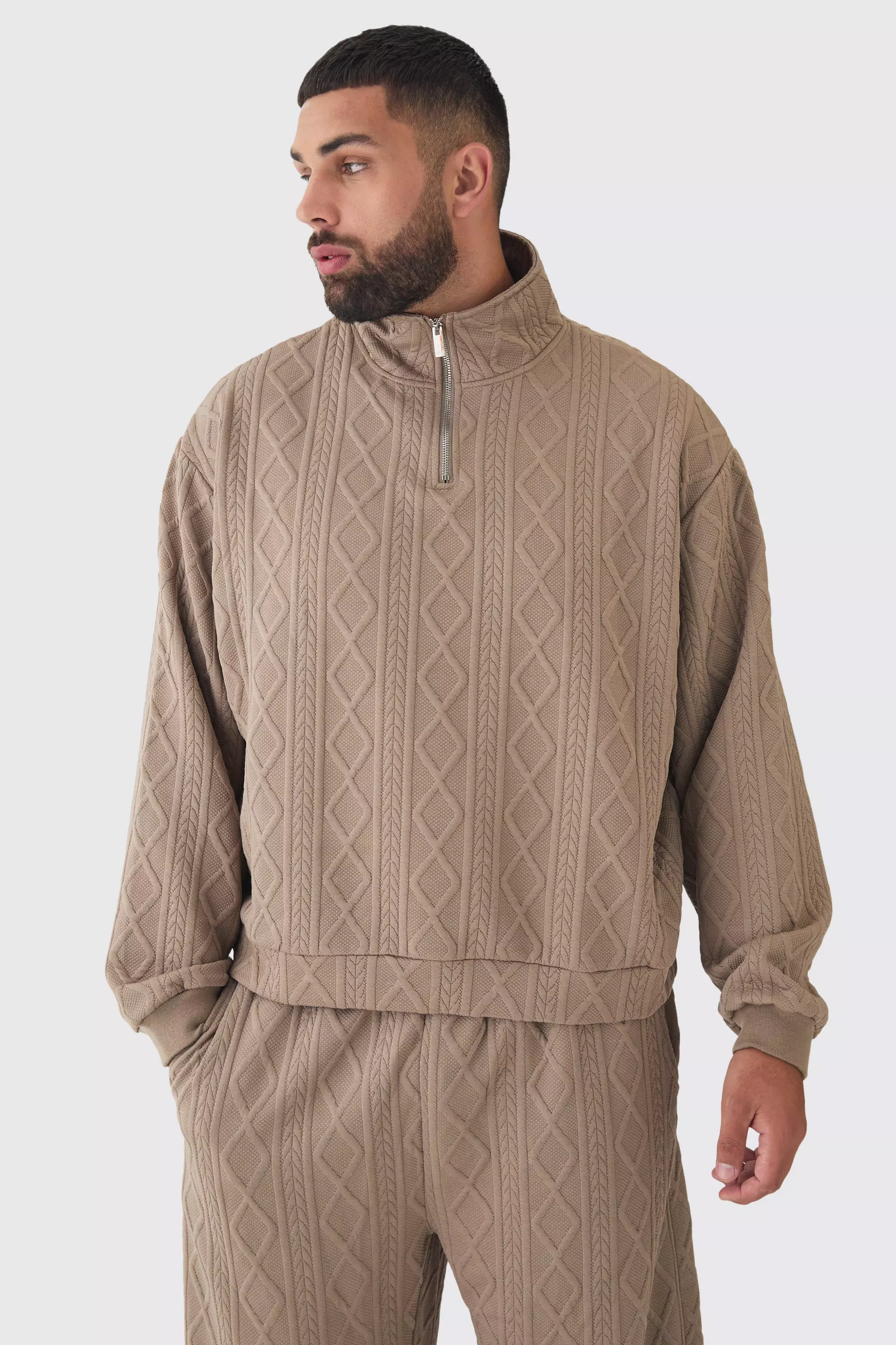 Plus Cable Knit Look Oversized Boxy 1/4 Zip Funnel Neck Sweat Mocha