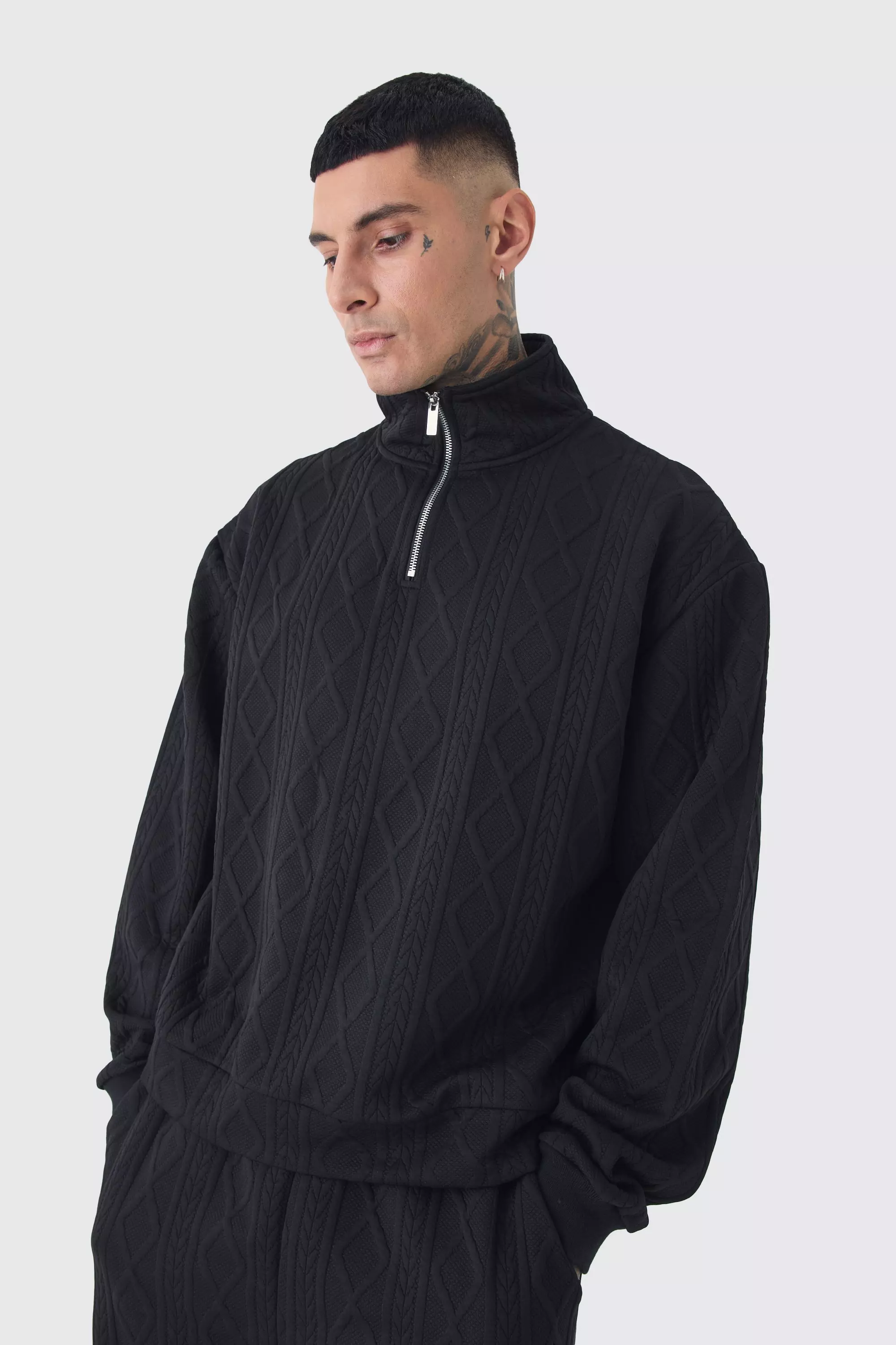 Tall Cable Knit Look Oversized Boxy 1/4 Zip Funnel Neck Sweat Black