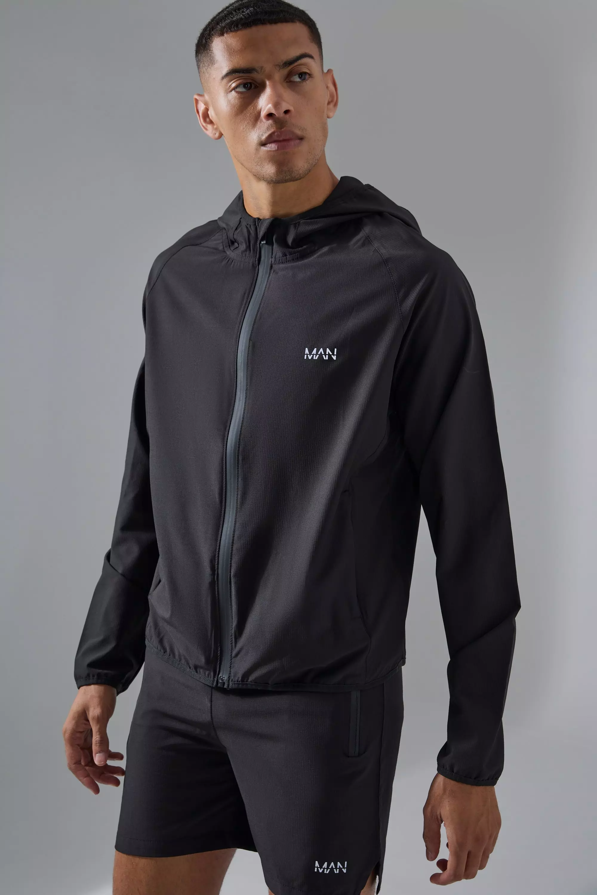 Man Active Stretch Ripstop Short & Windbreaker Tracksuit Black