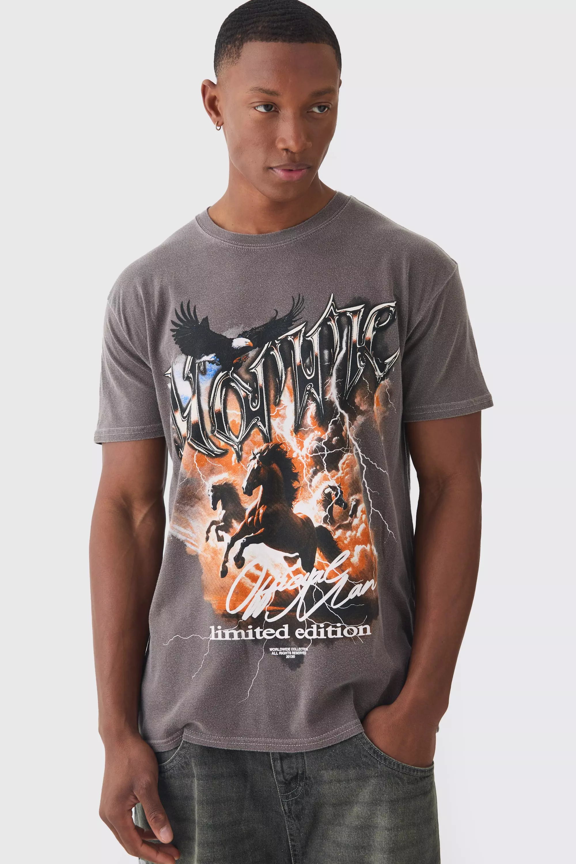 Chocolate Brown Homme Horse Graphic Wash T-shirt