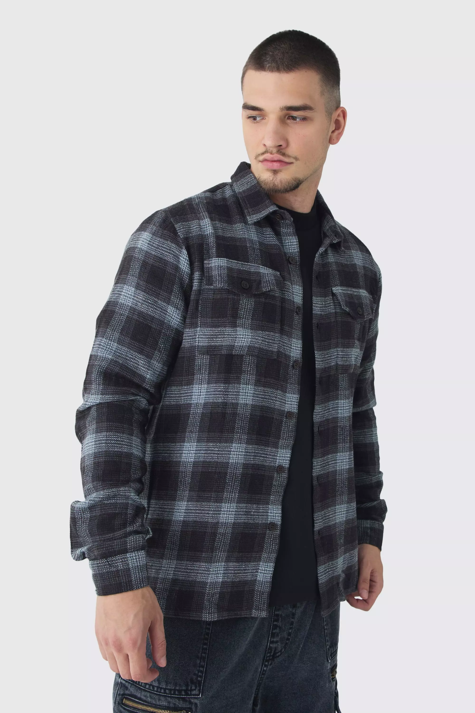 Tall Oversized 90's Brushed Plaid Shirt Charcoal