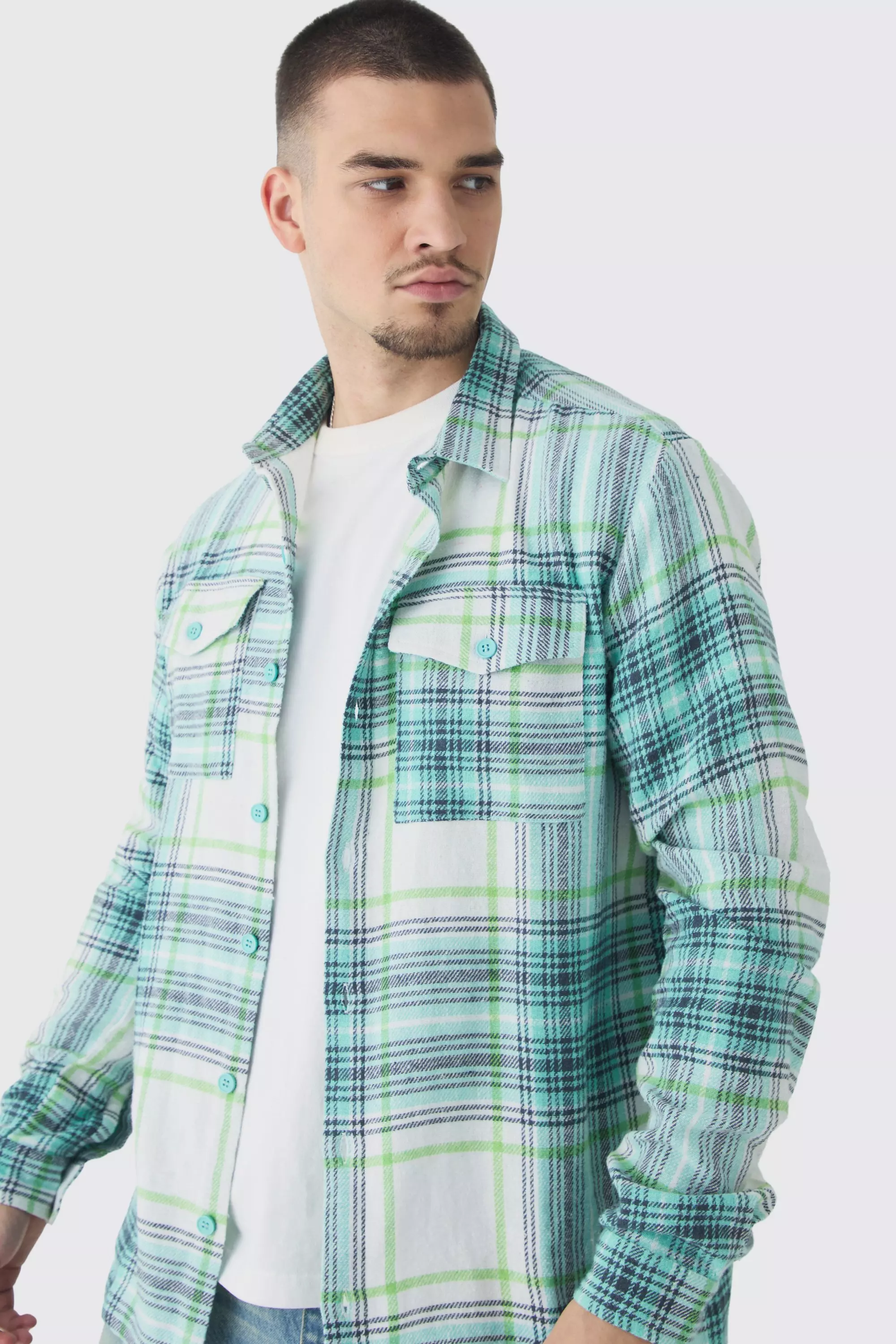 Green Tall Oversized Geborsteld Geruit Groen Overhemd alternatieve afbeelding