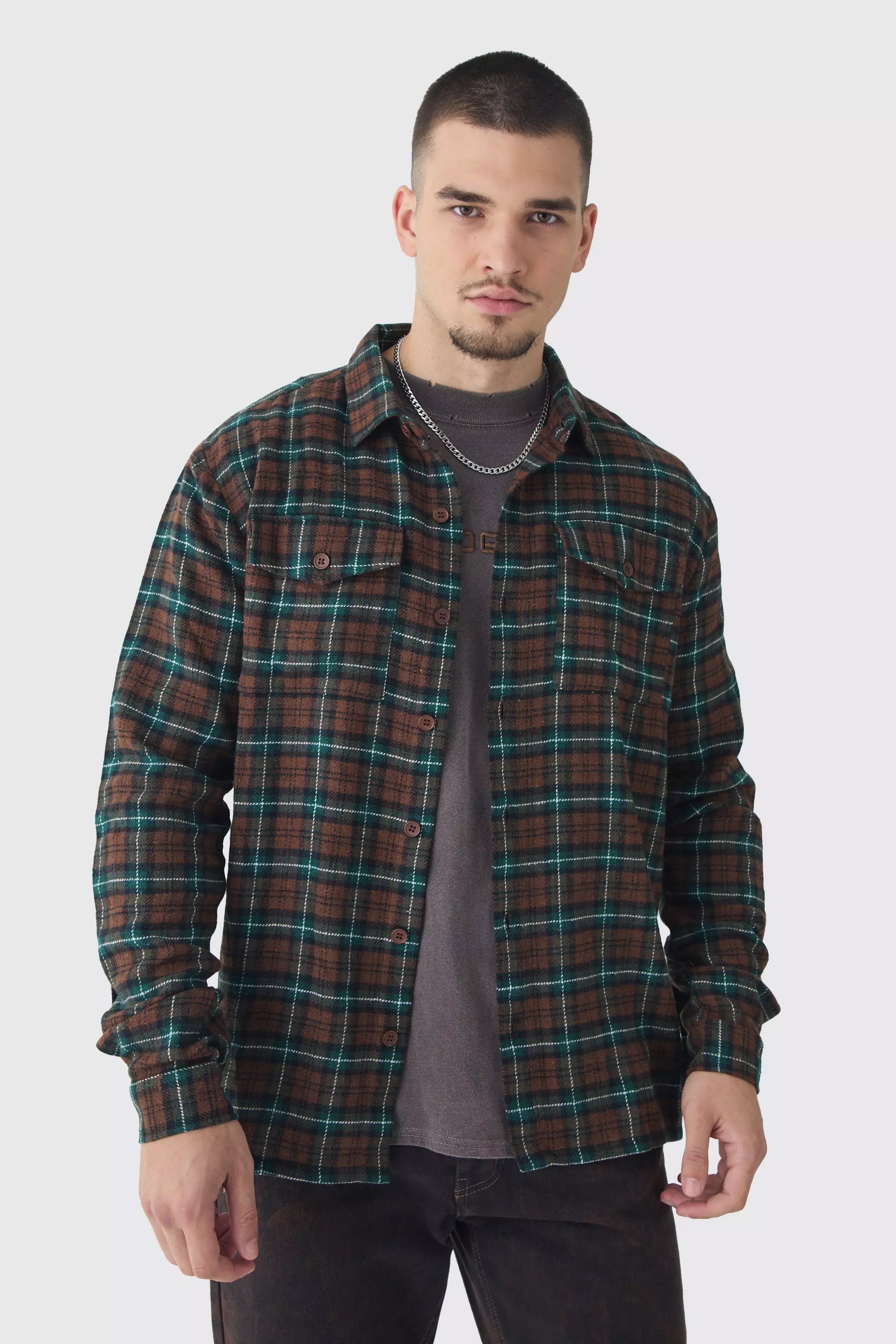 Tall Brushed Tartan Plaid Oversized Shirt Rust