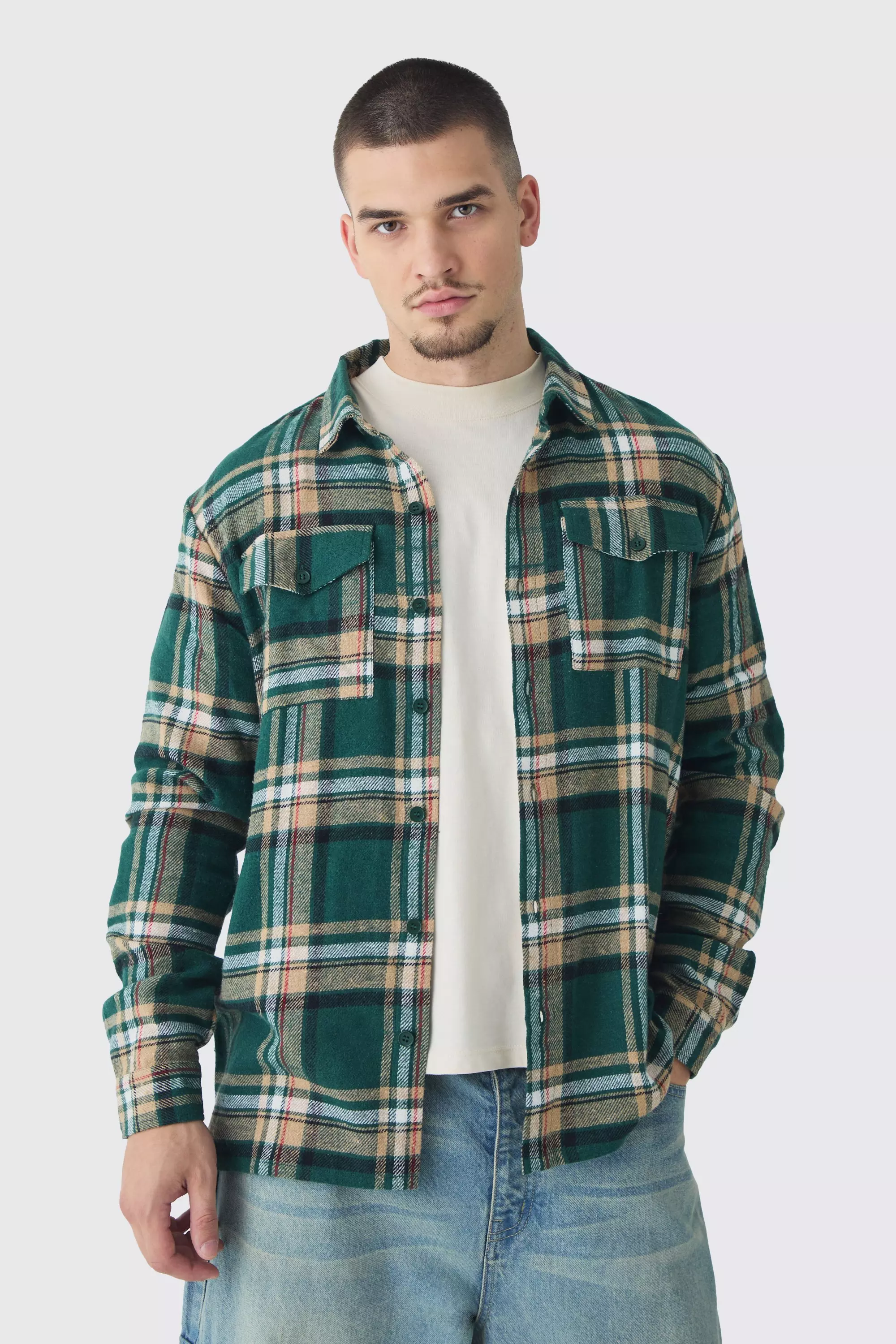 Tall Oversized Forest Large Scale Brushed Plaid Shirt Forest