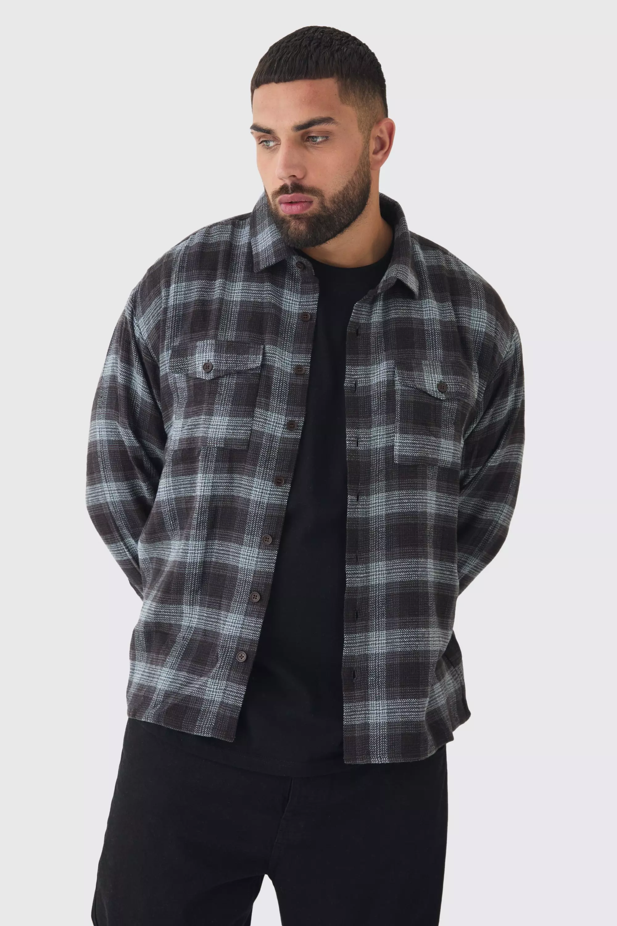 Plus Oversized 90's Brushed Plaid Shirt Charcoal