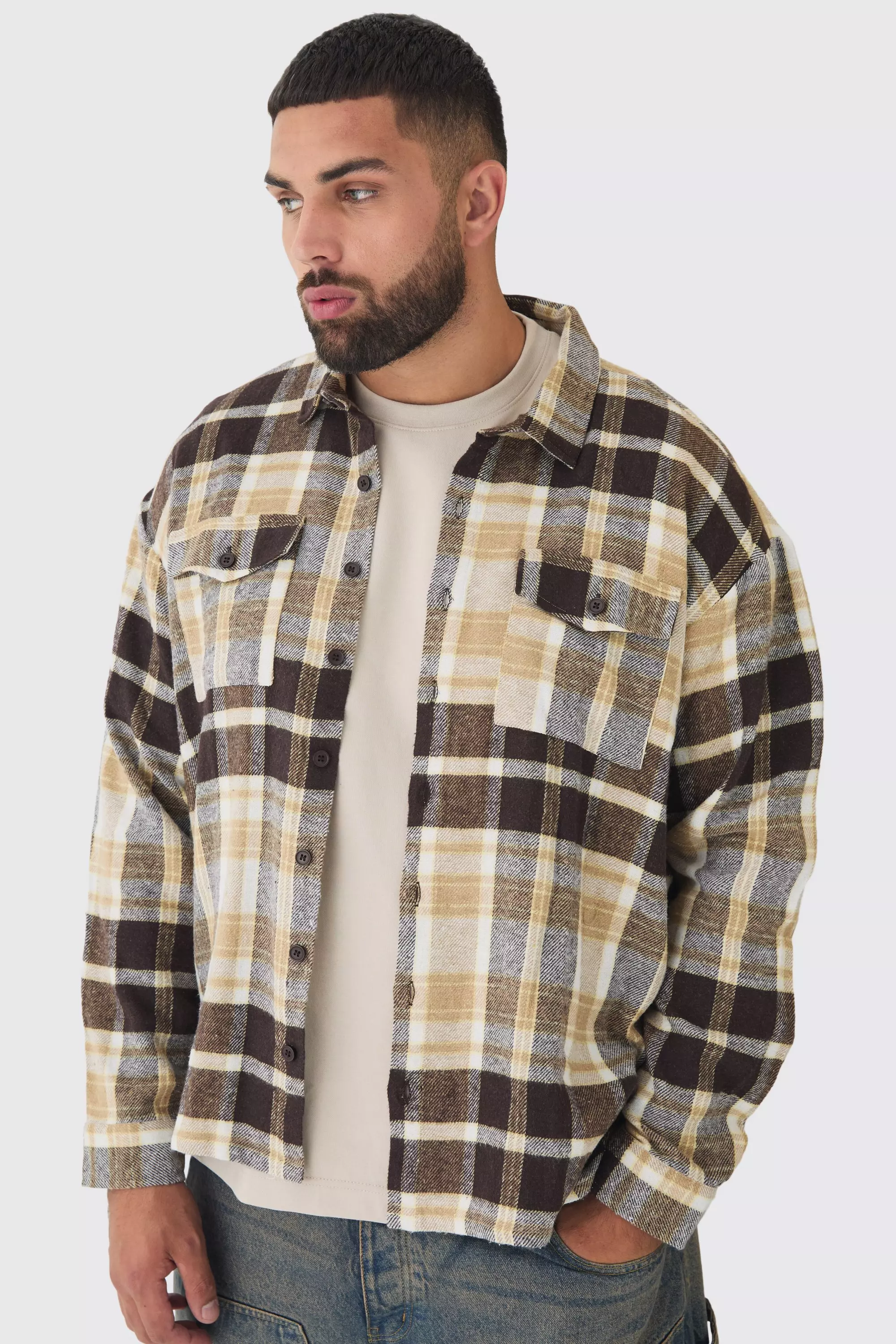 Plus Regular Fit Tan Large Scale Brushed Plaid Shirt Tan