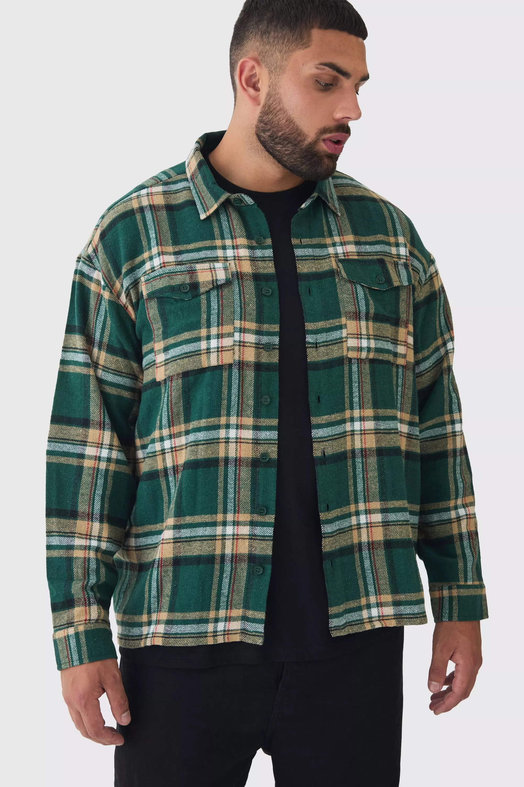 Plus Oversized Forest Large Scale Brushed Plaid Shirt Forest