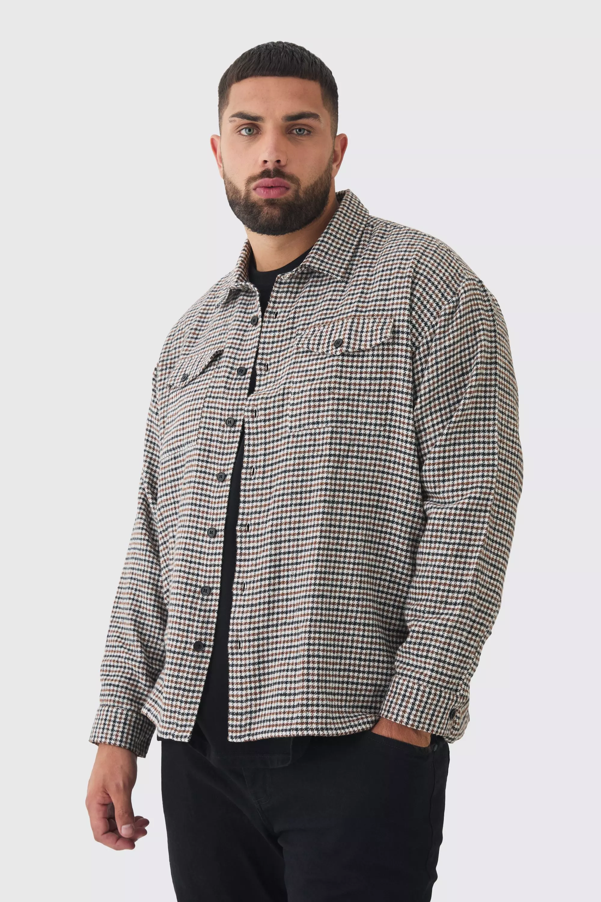 Plus Regular Fit Micro Dogtooth Brushed Shirt Stone