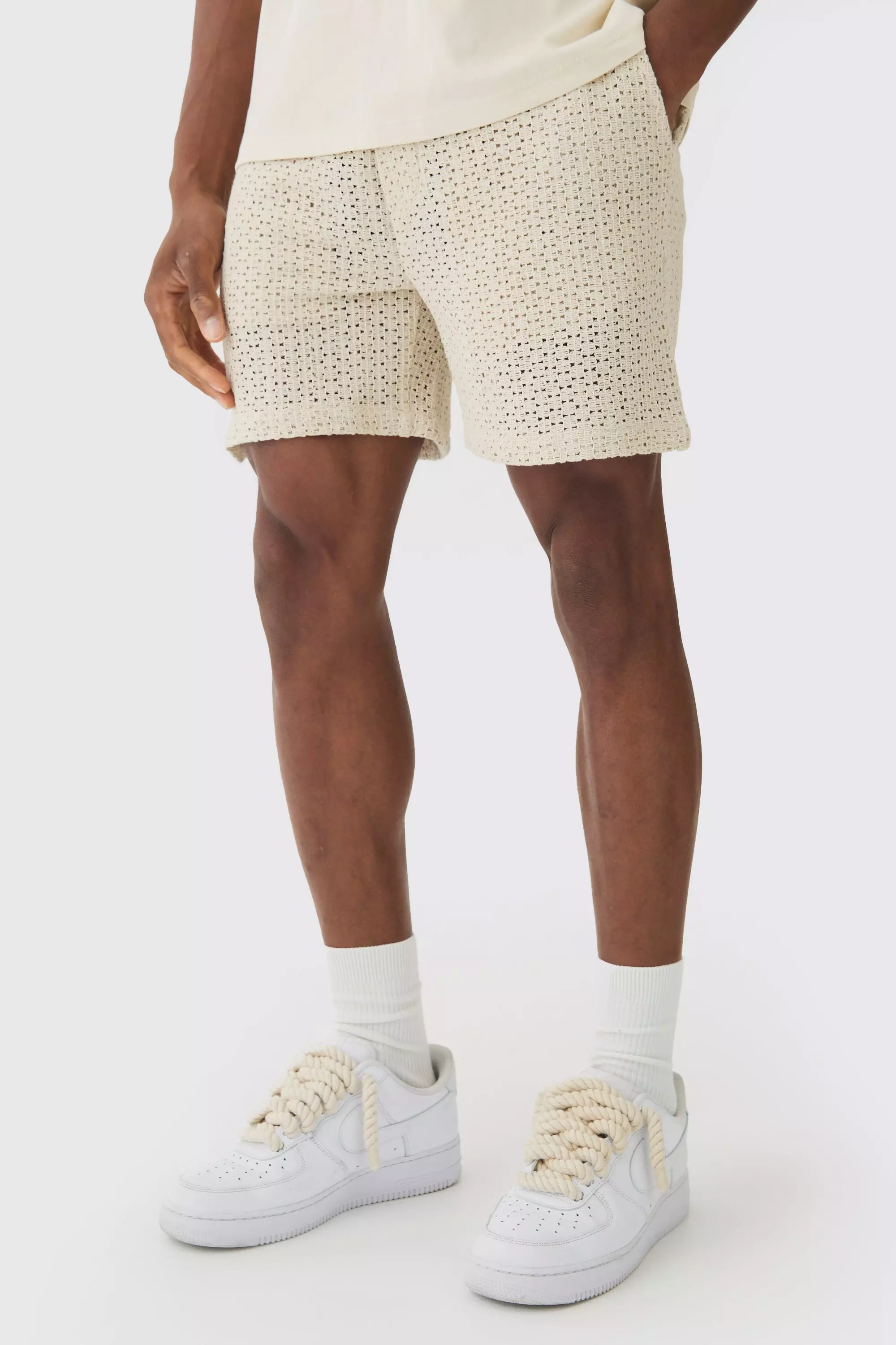 Elasticated Waist Crochet Bermuda Shorts Ecru