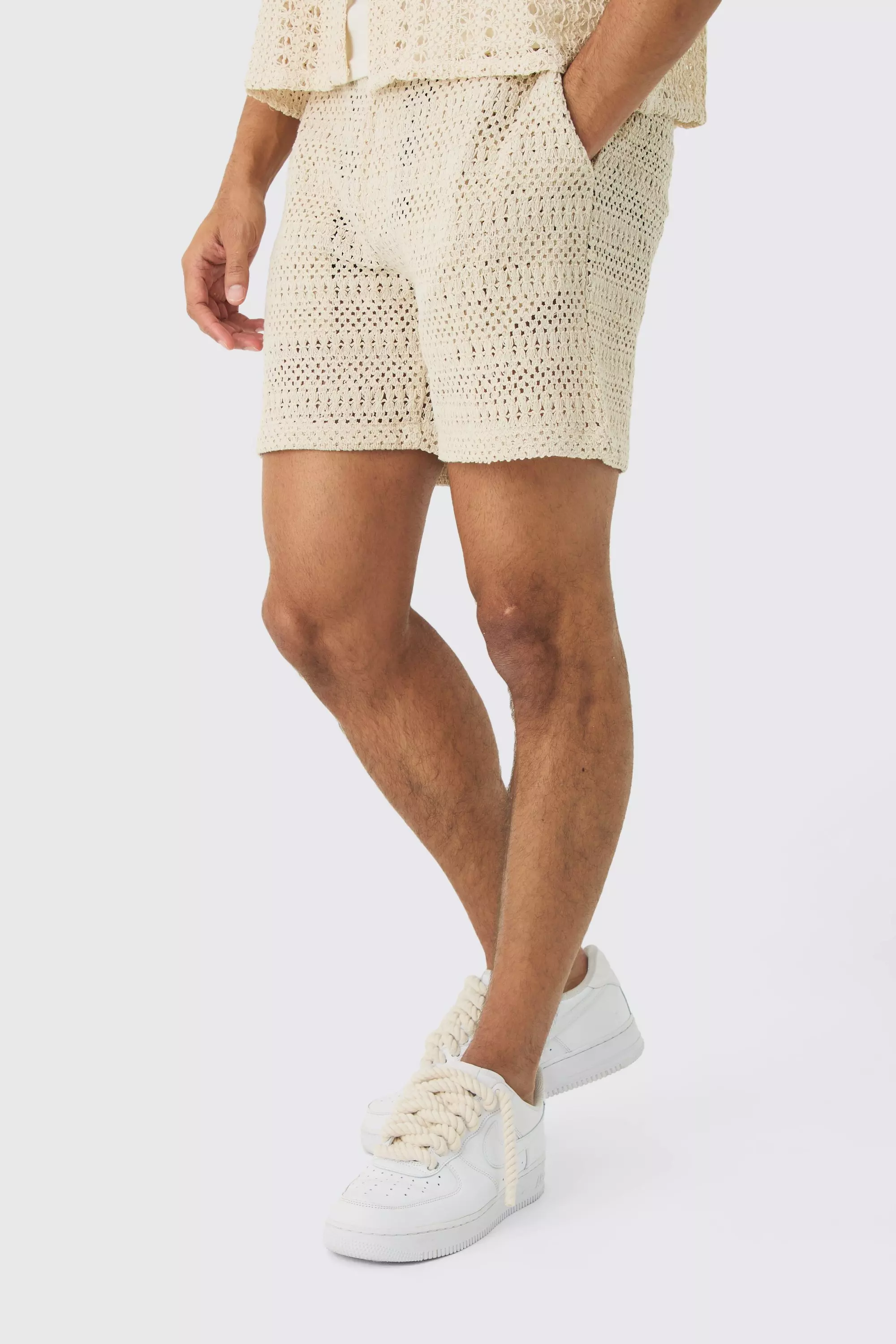 Elasticated Waist Crochet Bermuda Shorts Ecru