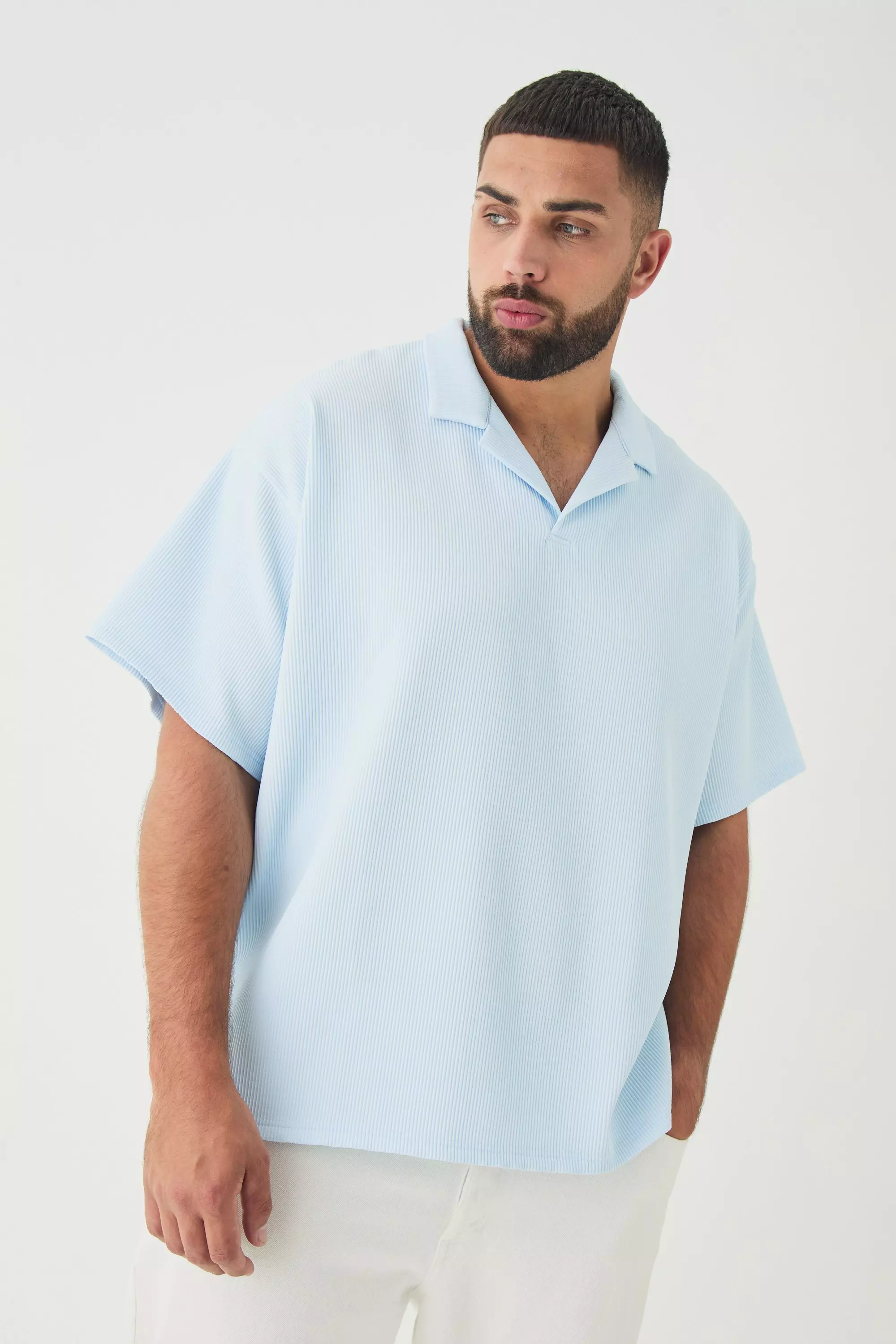 Plus Drop Revere Pleated Polo In Blue Blue