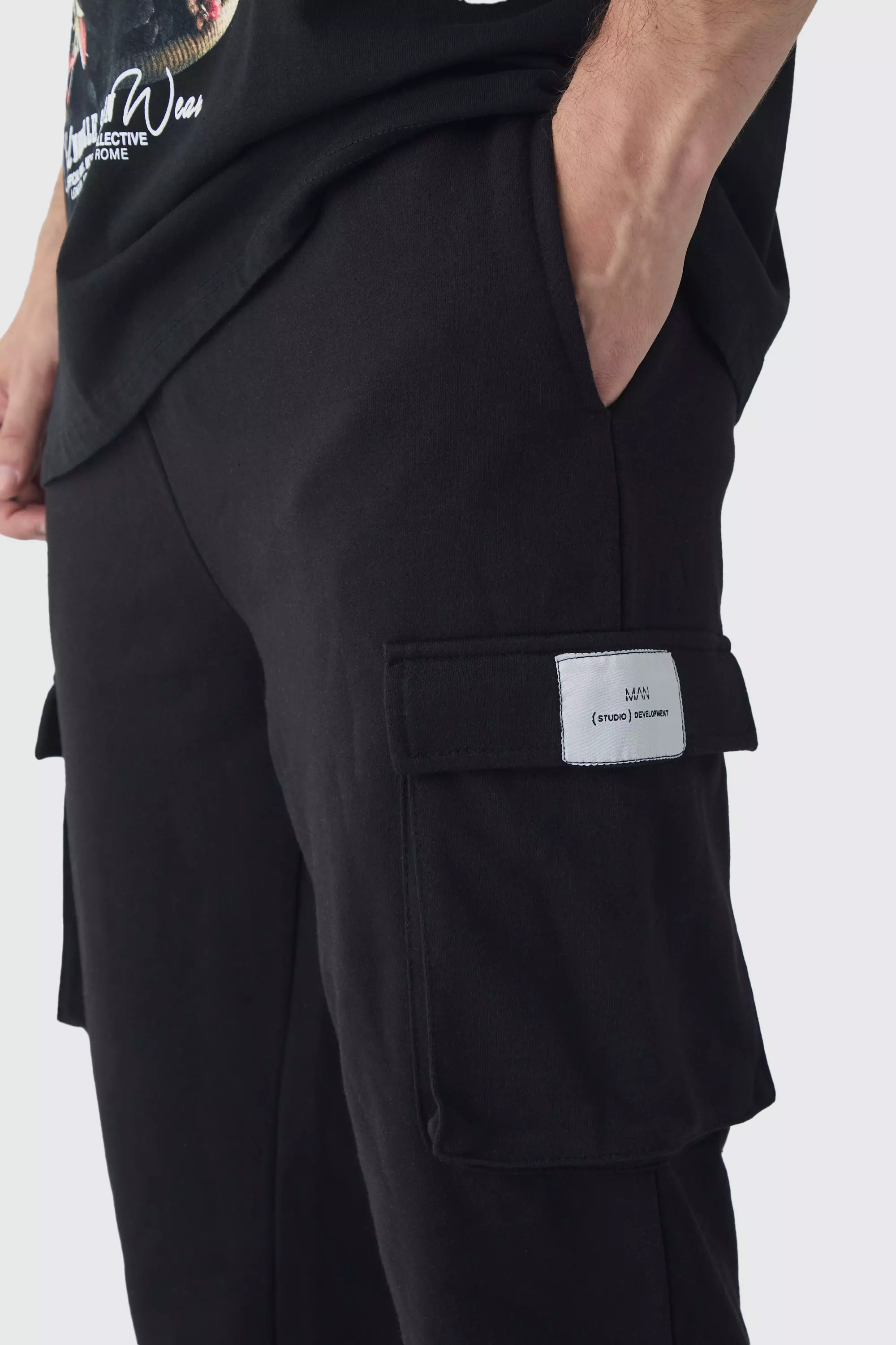 Black Tall Woven Tab Slim Fit Cargo Sweatpants alternative image