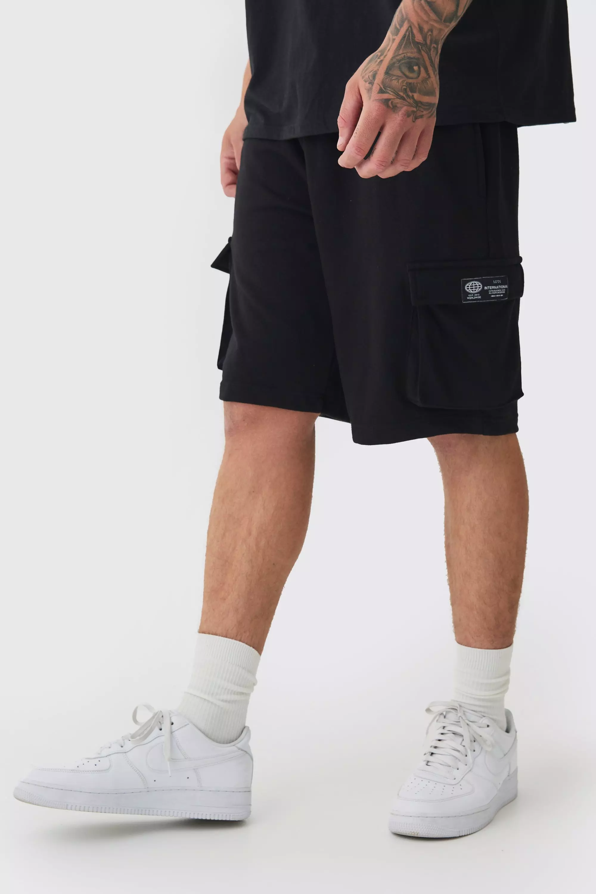 Tall Woven Tab Relaxed Fit Cargo Shorts Black