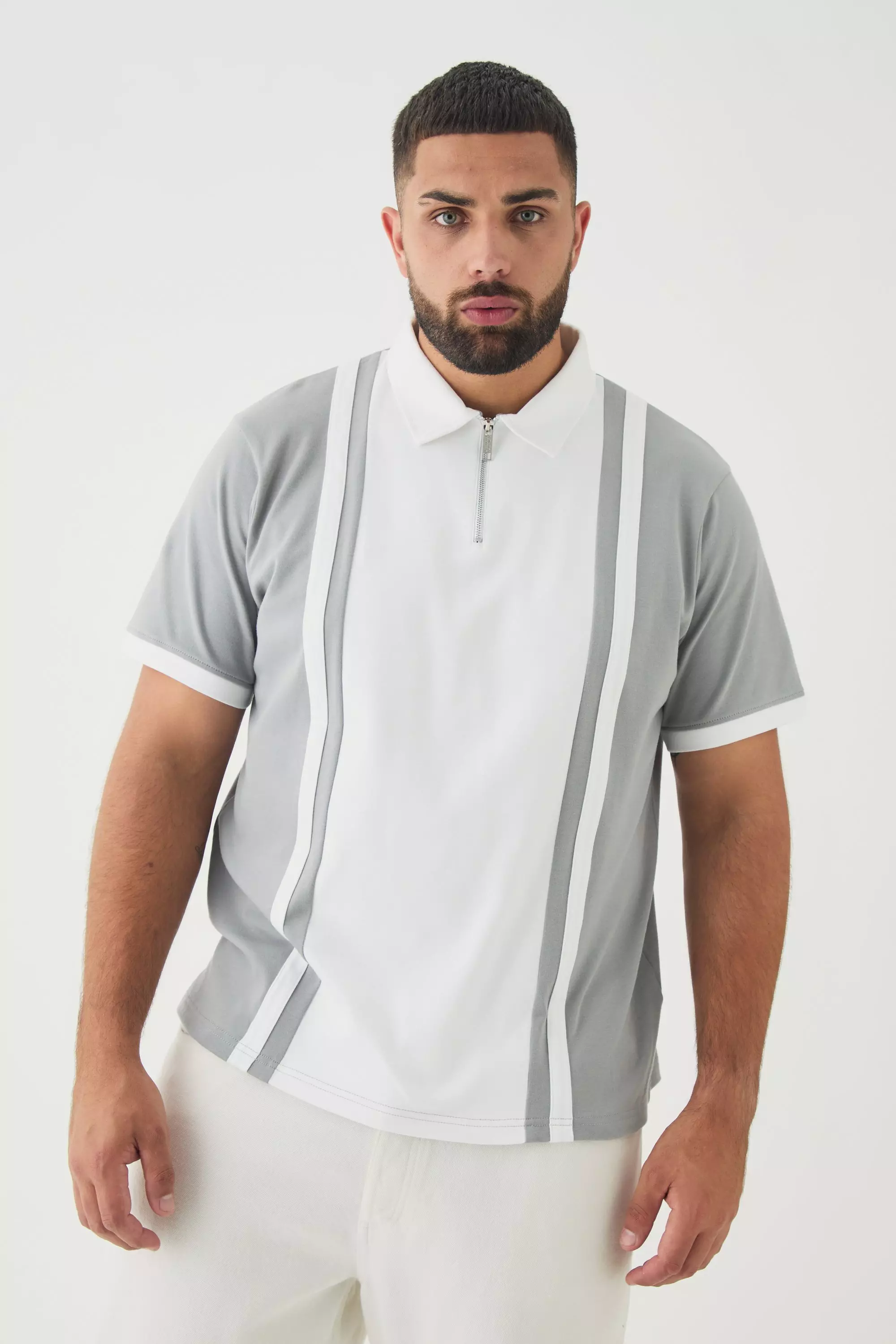 Grey Plus Slim Panelled Polo In Grey