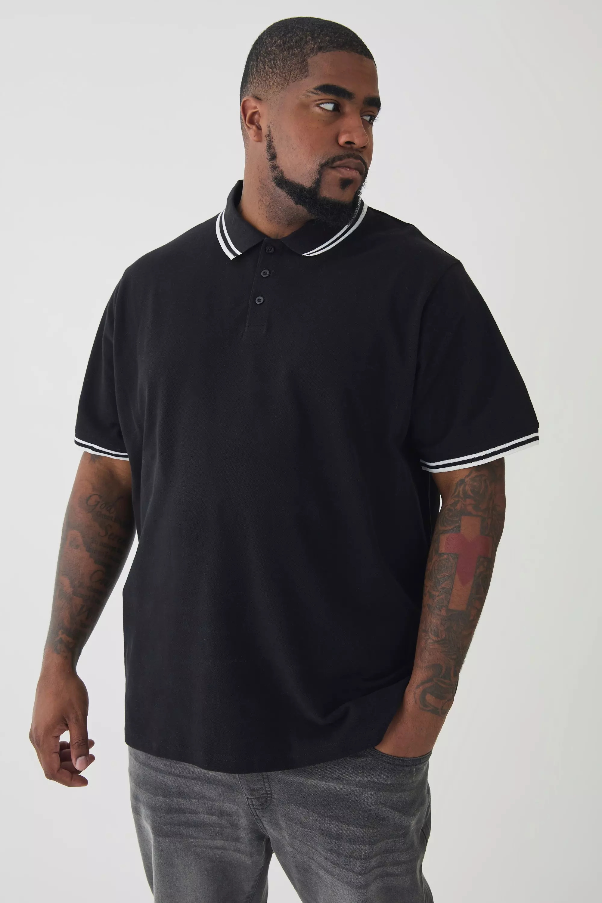 Black Plus Slim Tipped Pique Polo In Black