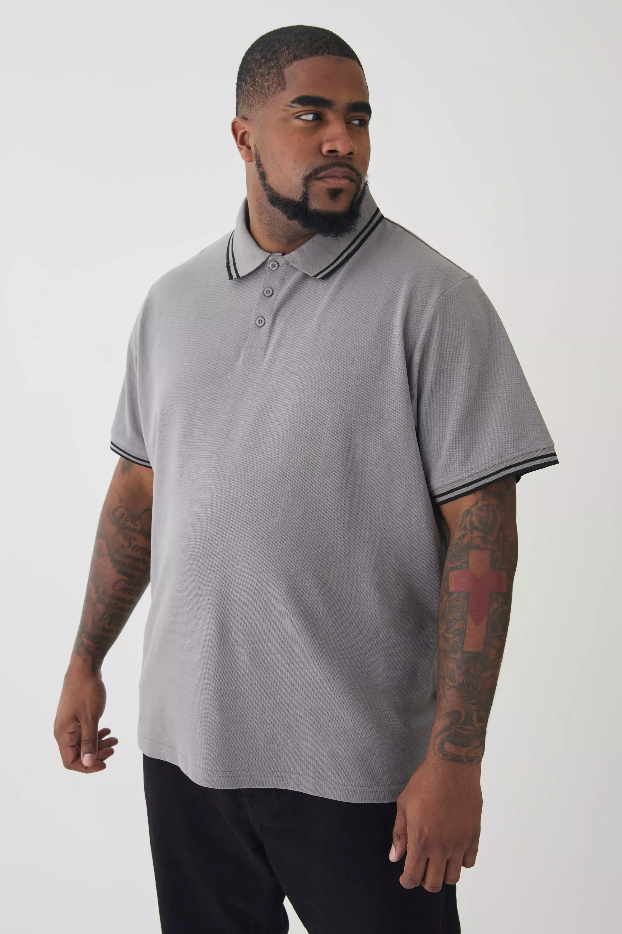 Plus Slim Tipped Pique Polo In Slate Grey Grey