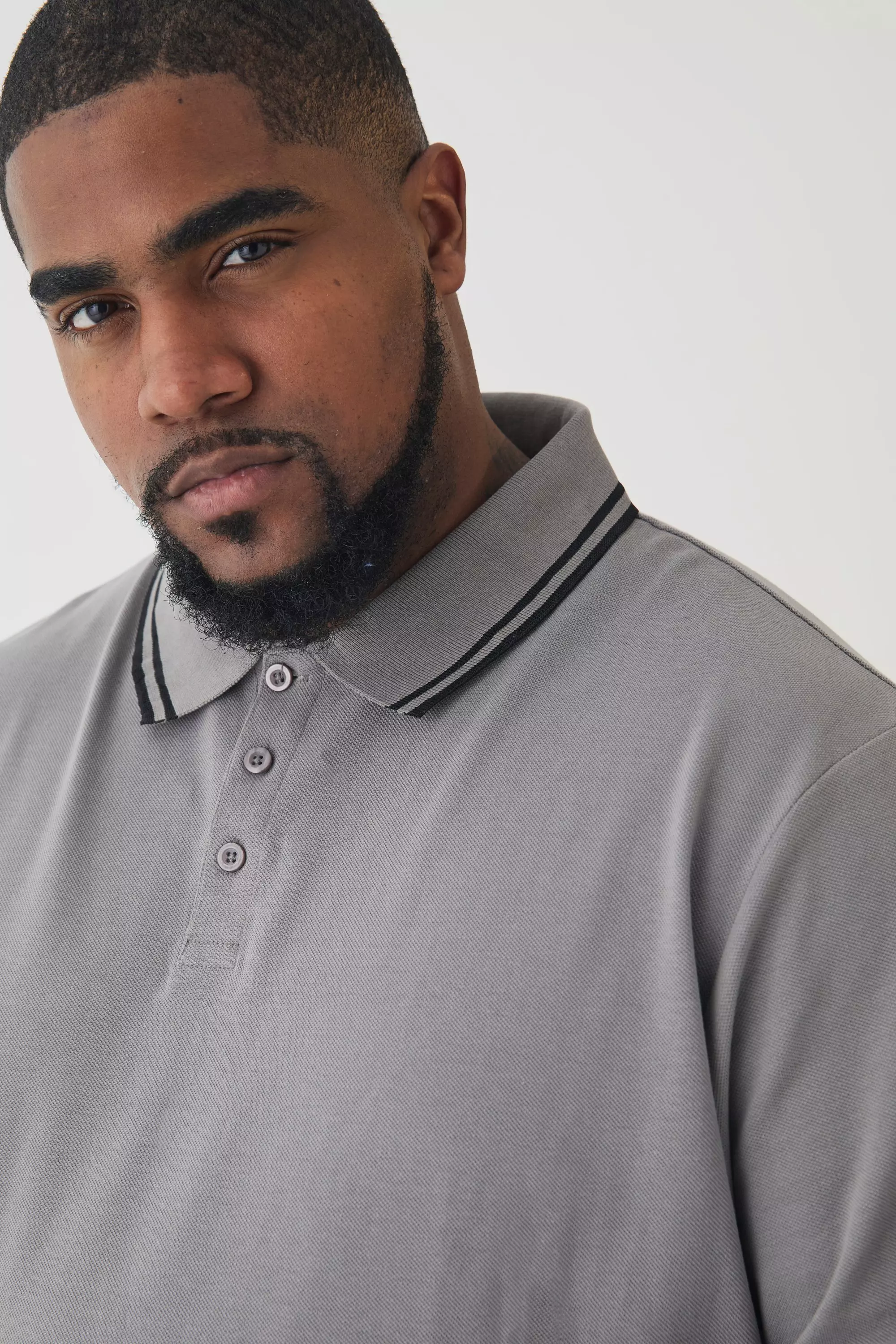 Plus Slim Tipped Pique Polo In Slate Grey alternative image