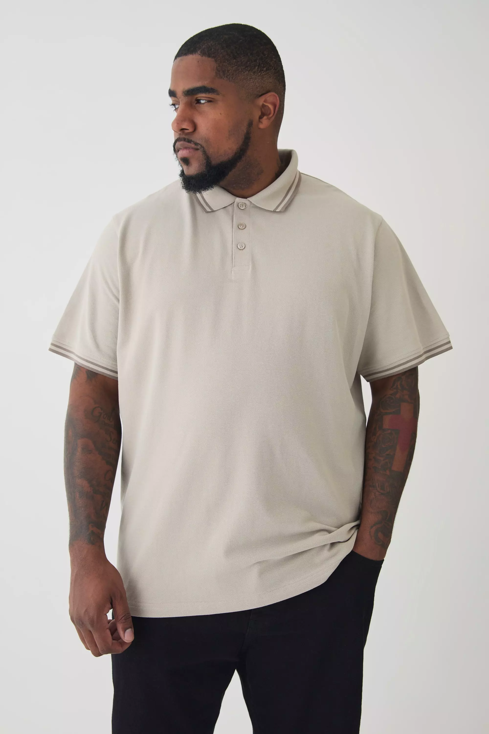 Plus Slim Tipped Pique Polo In Stone Stone