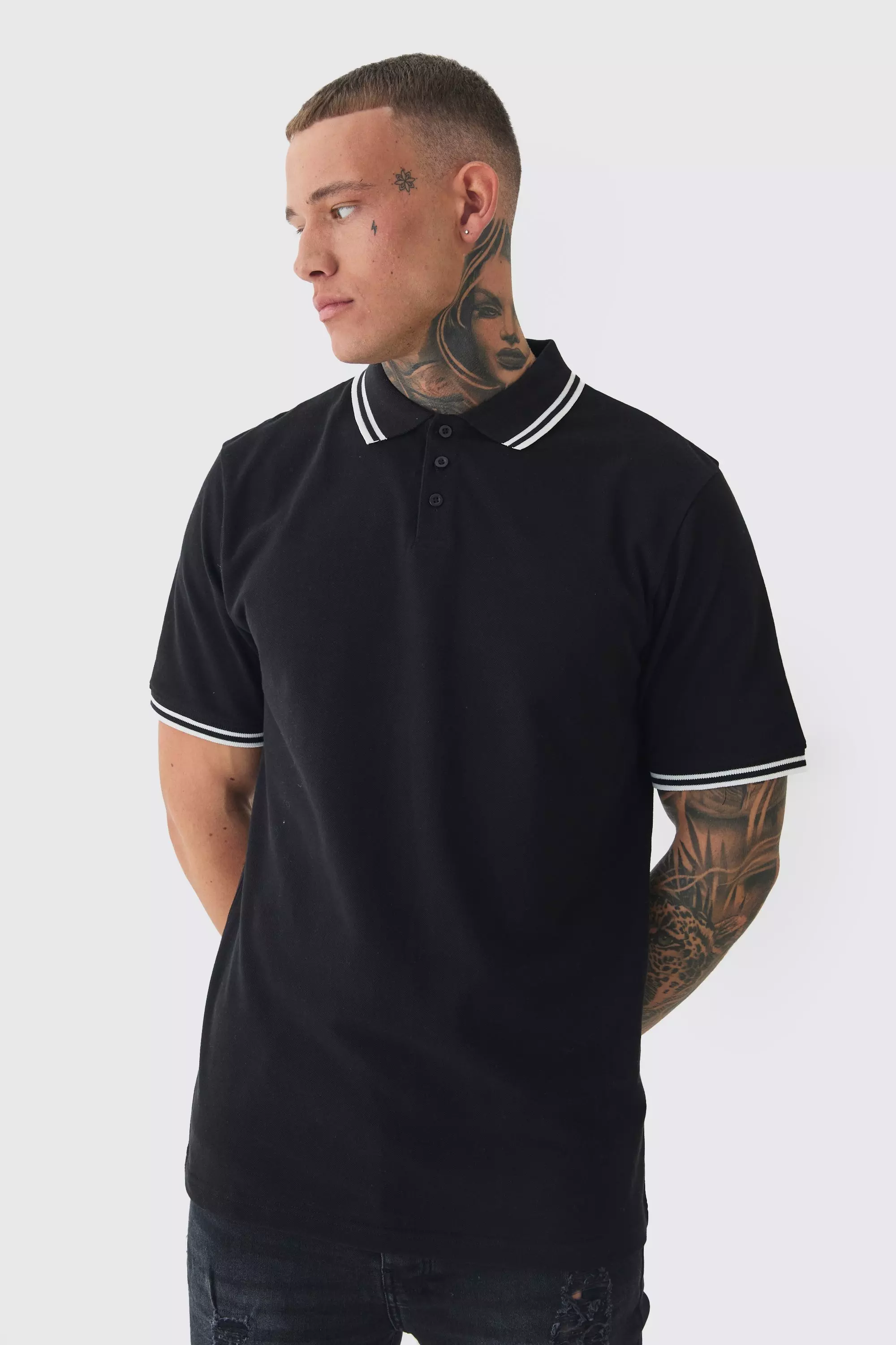 Tall Slim Tipped Pique Polo In Black Black