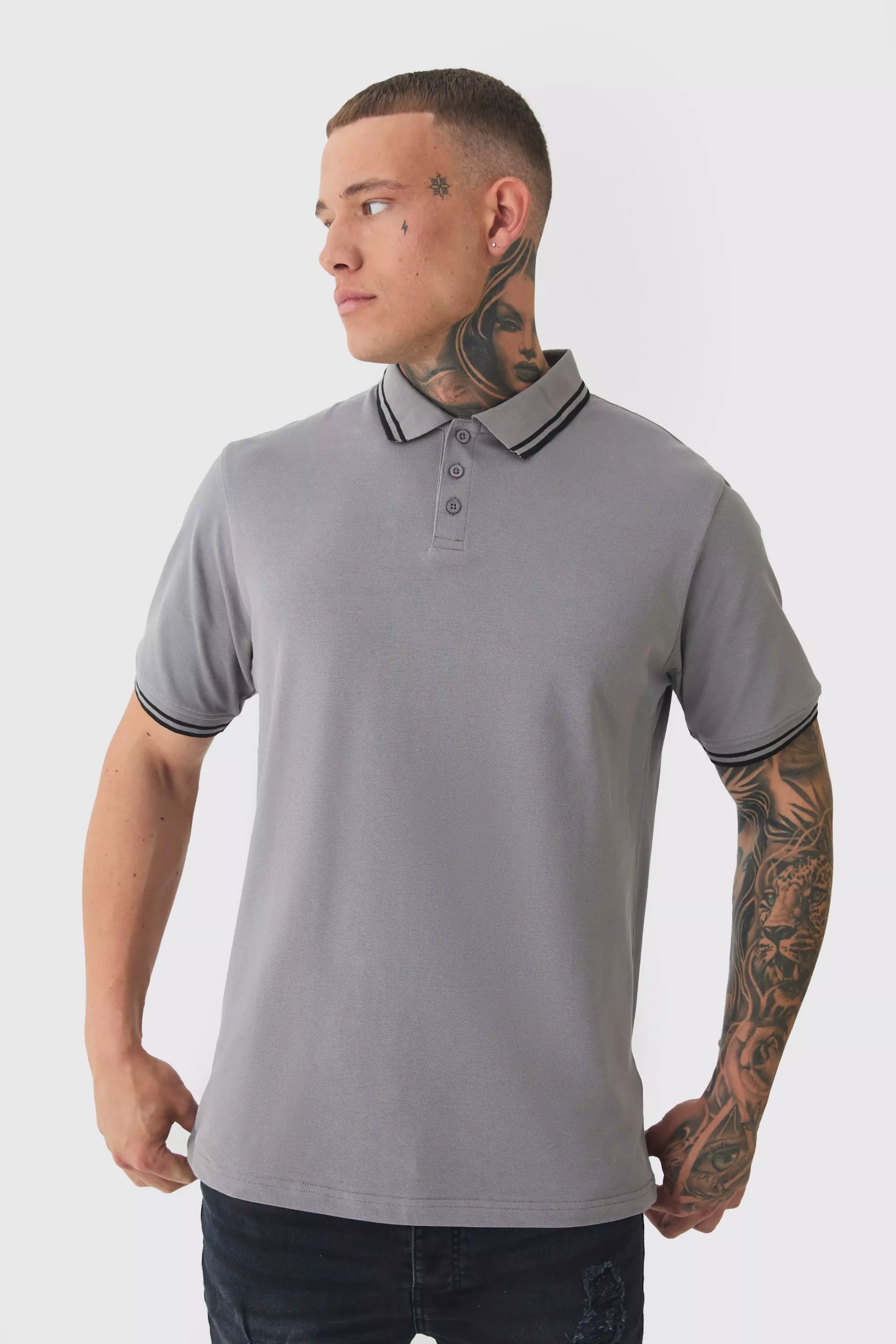 Tall Slim Tipped Pique Polo In Slate Grey Grey