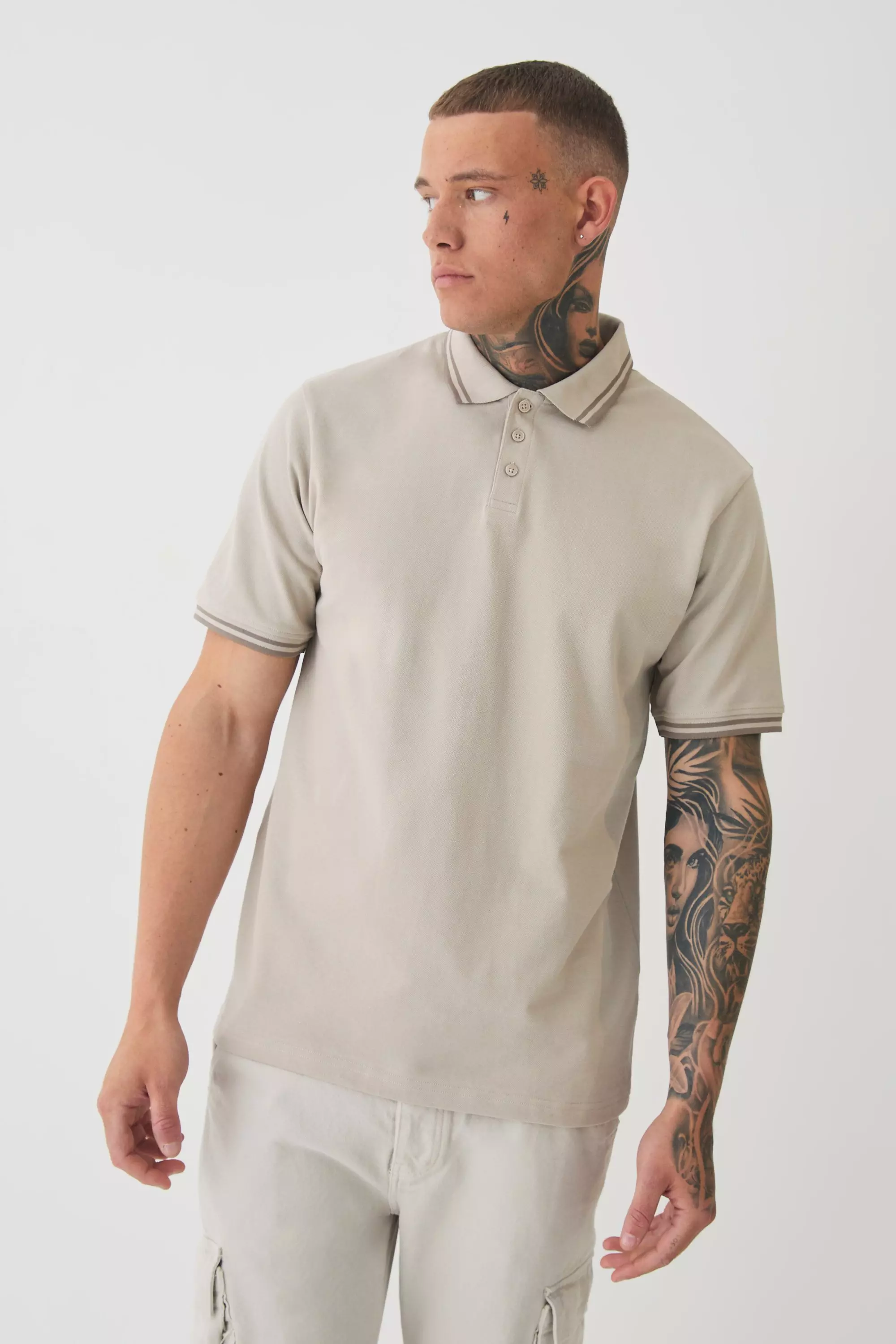 Tall Slim Tipped Pique Polo In Stone Stone