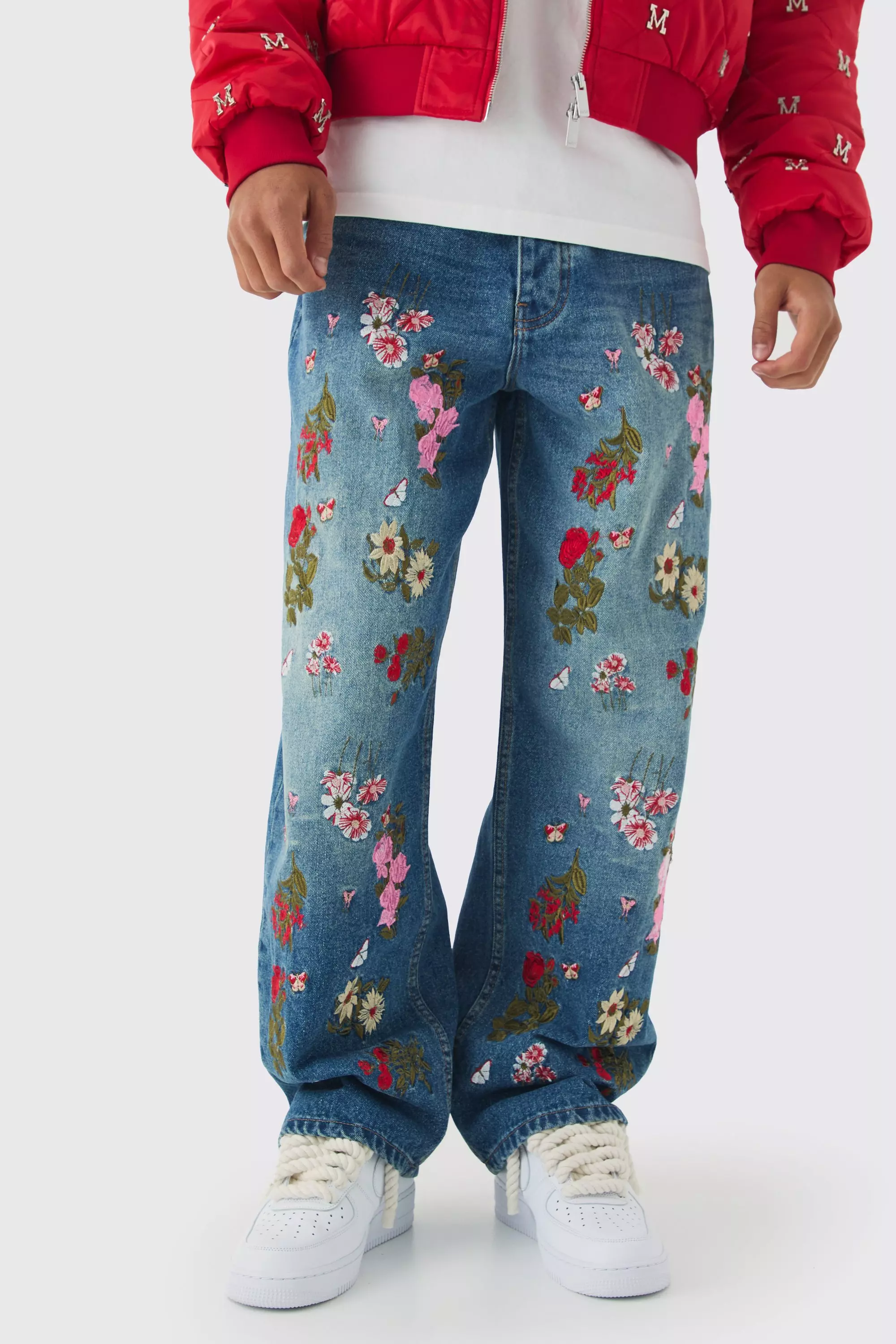 Baggy Fit Rigid Floral Embroidered Jeans Vintage blue