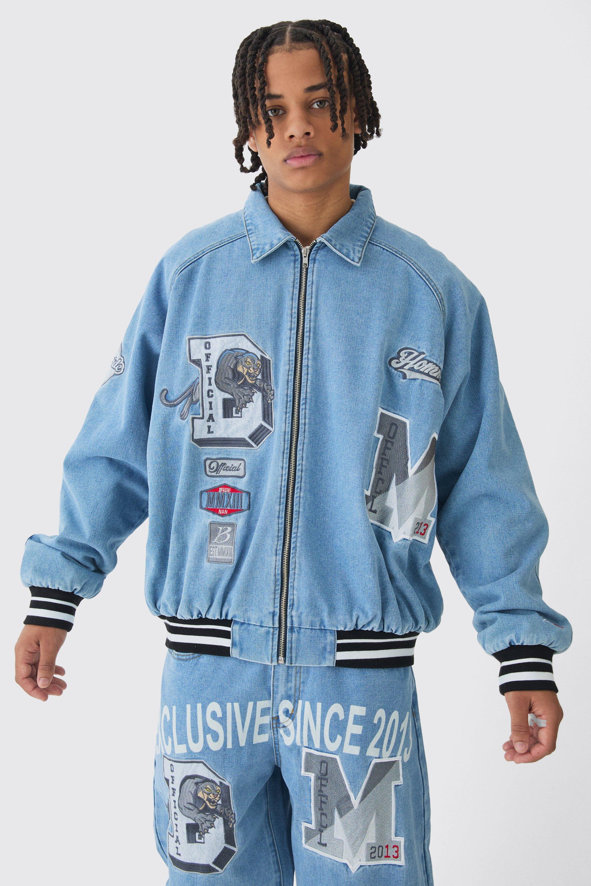 Bomber oversize en jean à écussons, Mid blue