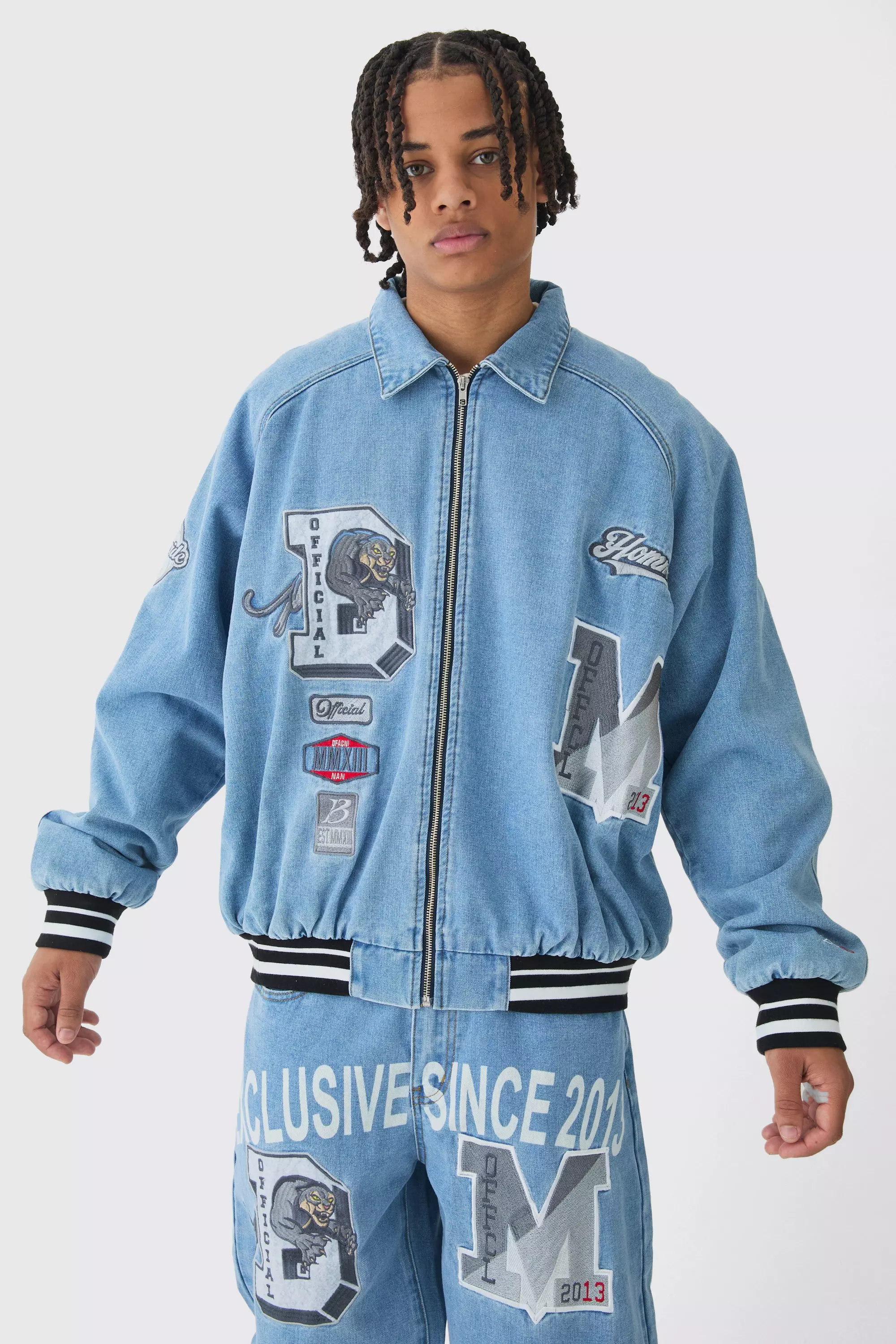 Oversized Denim Exclusive Applique Bomber Jacket Mid blue