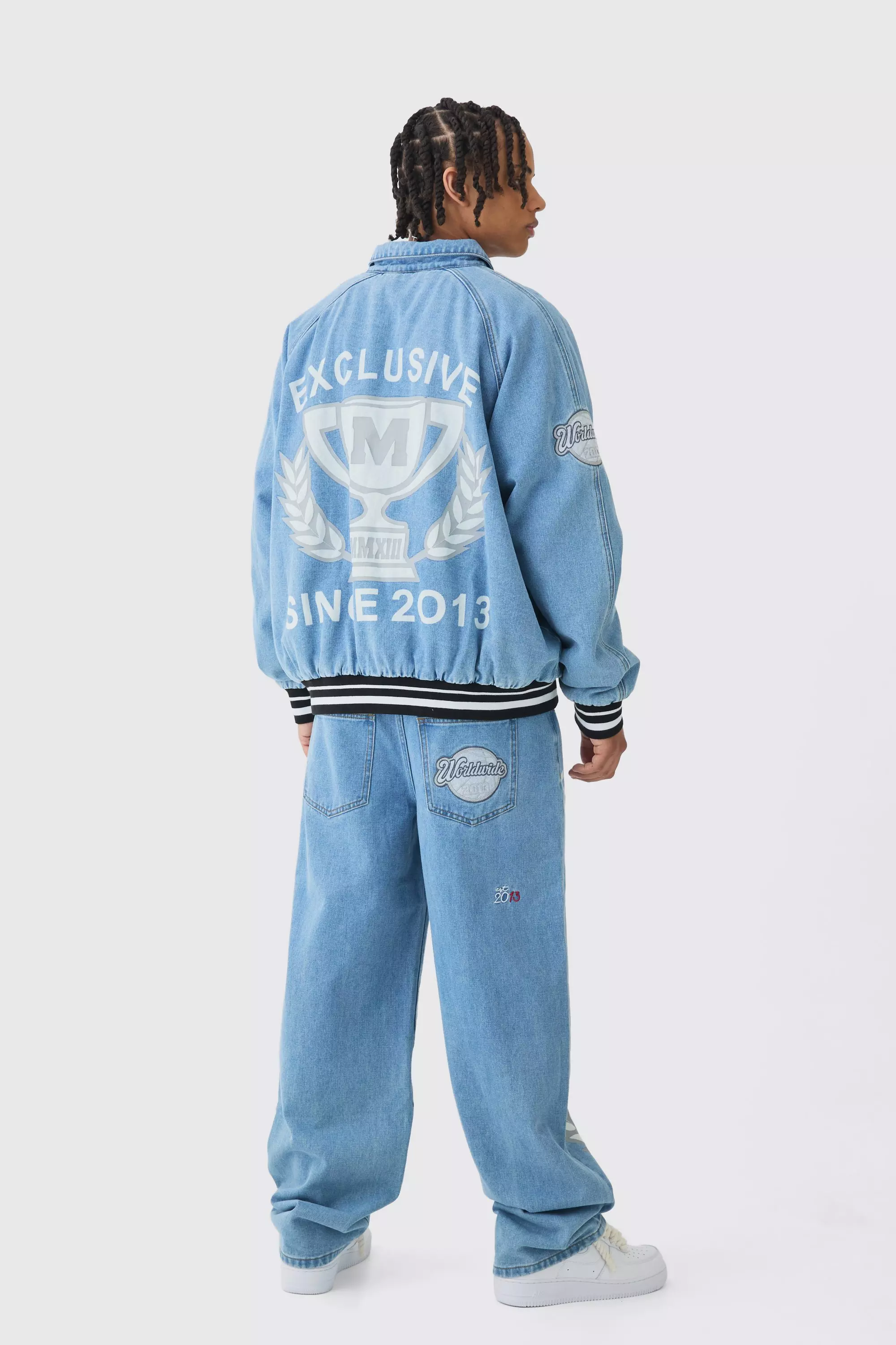 Mid blue Oversized Denim Exclusive Applique Bomber Jacket alternative image