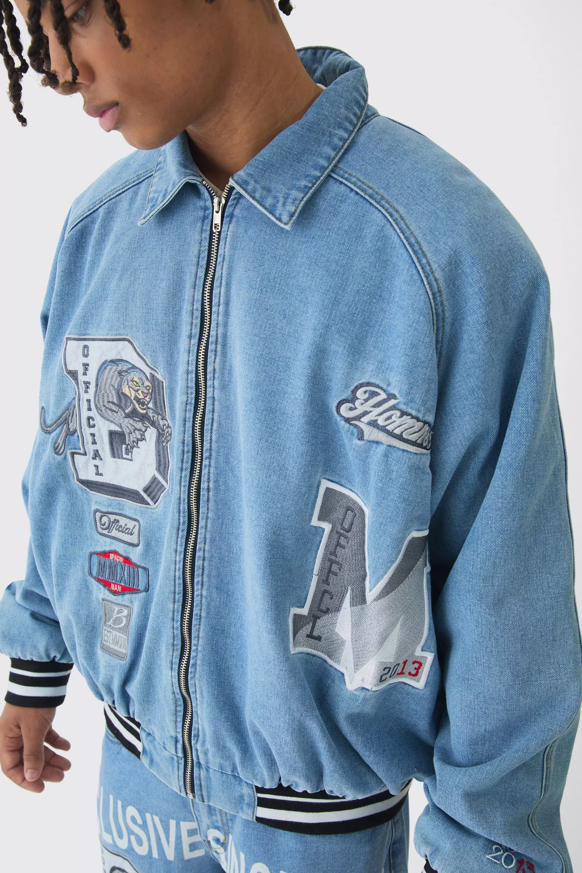 Mid blue Oversized Denim Exclusive Applique Bomber Jacket alternative image