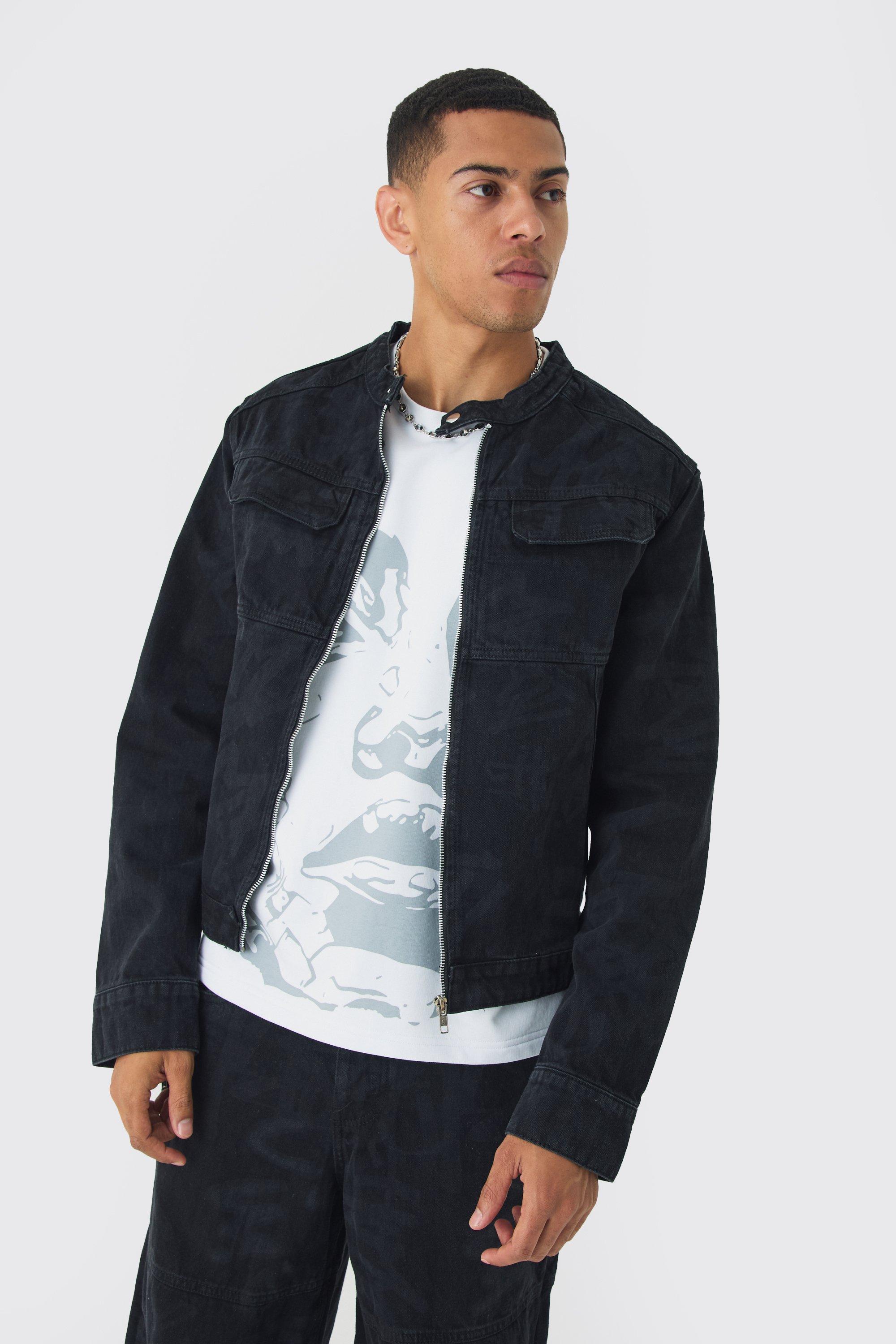 Black Slim Boxy Denim Graffiti Laser Print Biker Jacket