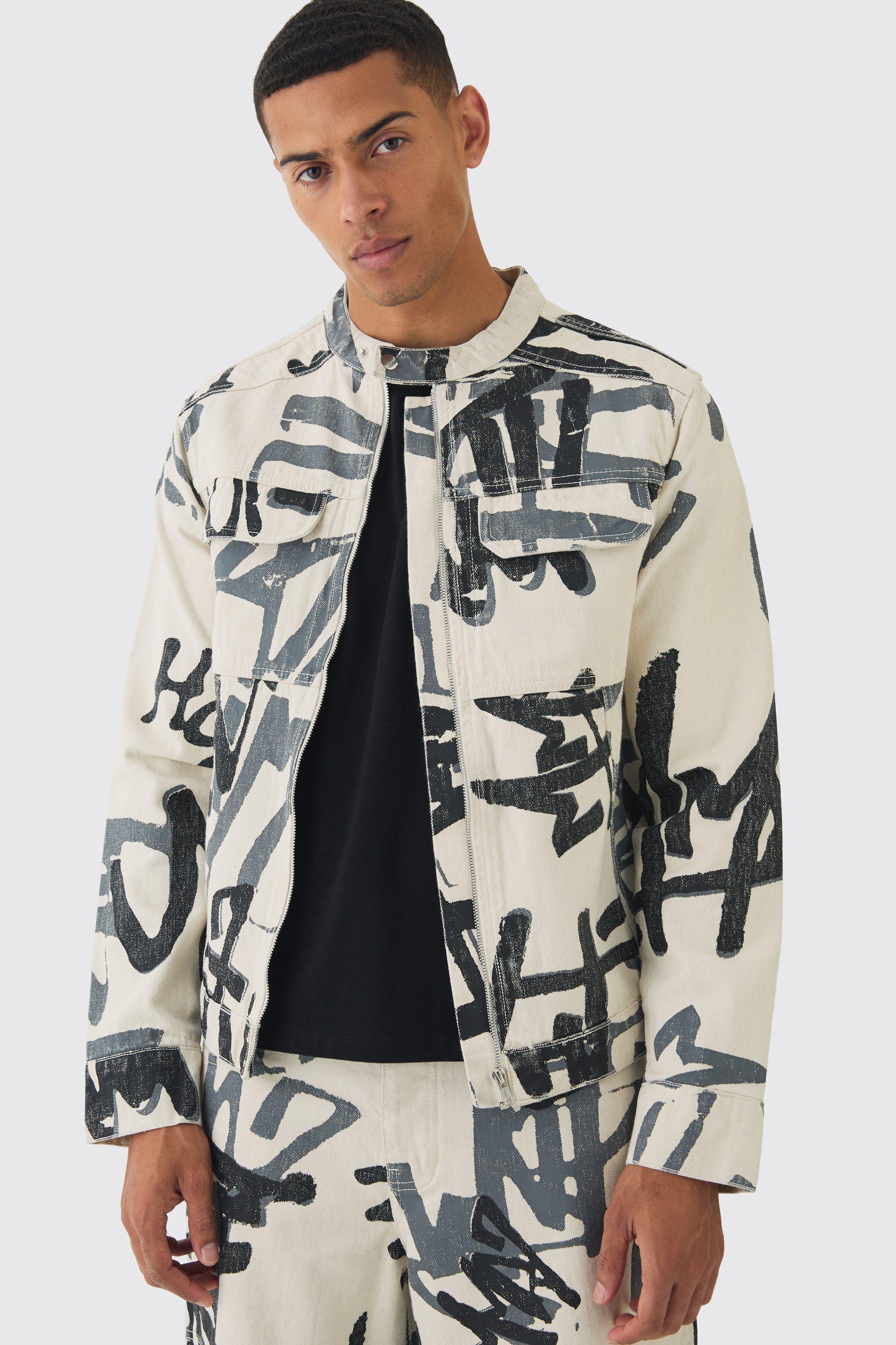 Ecru Slim Boxy Denim Graffiti Laser Print Biker Jacket