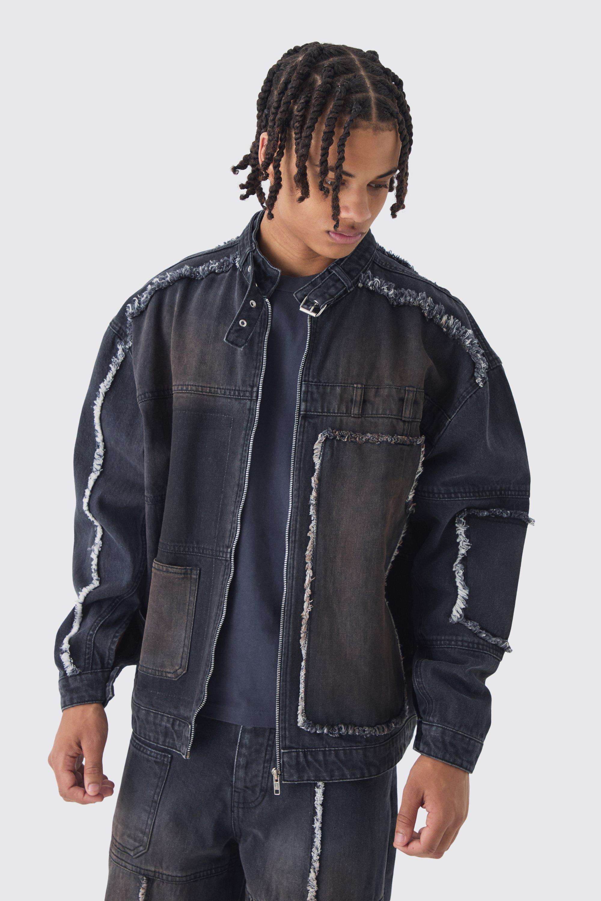 Washed black Oversized Dirty Wash Carpenter Denim Biker Jacket