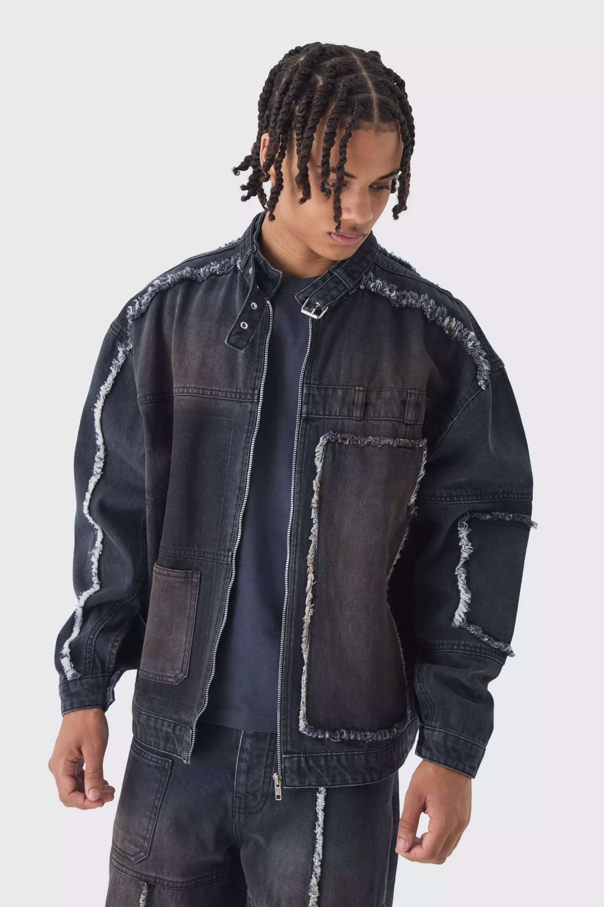 Oversized Dirty Wash Carpenter Denim Biker Jacket Washed black