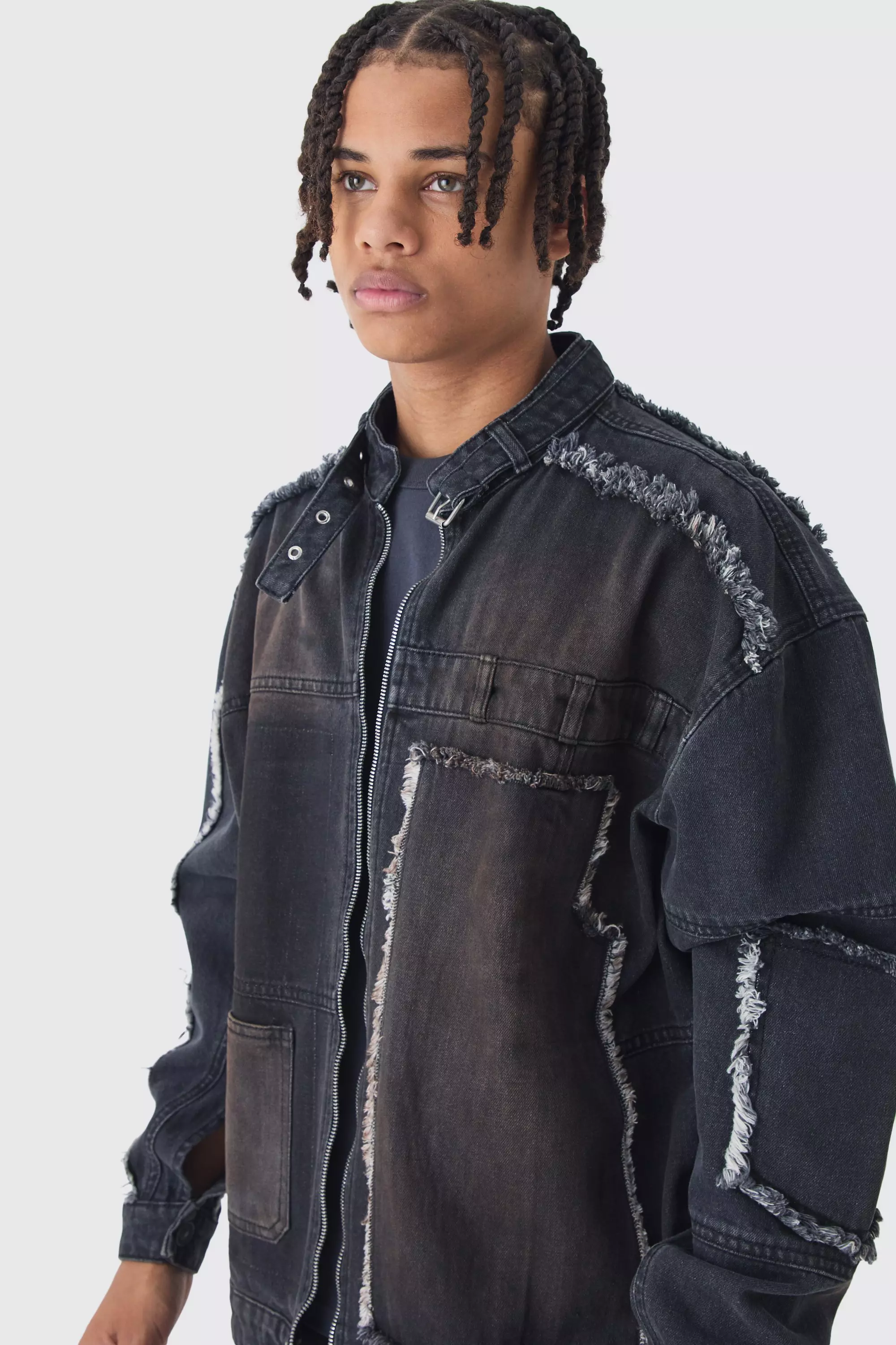 Washed black Oversized Dirty Wash Carpenter Denim Biker Jacket alternative image