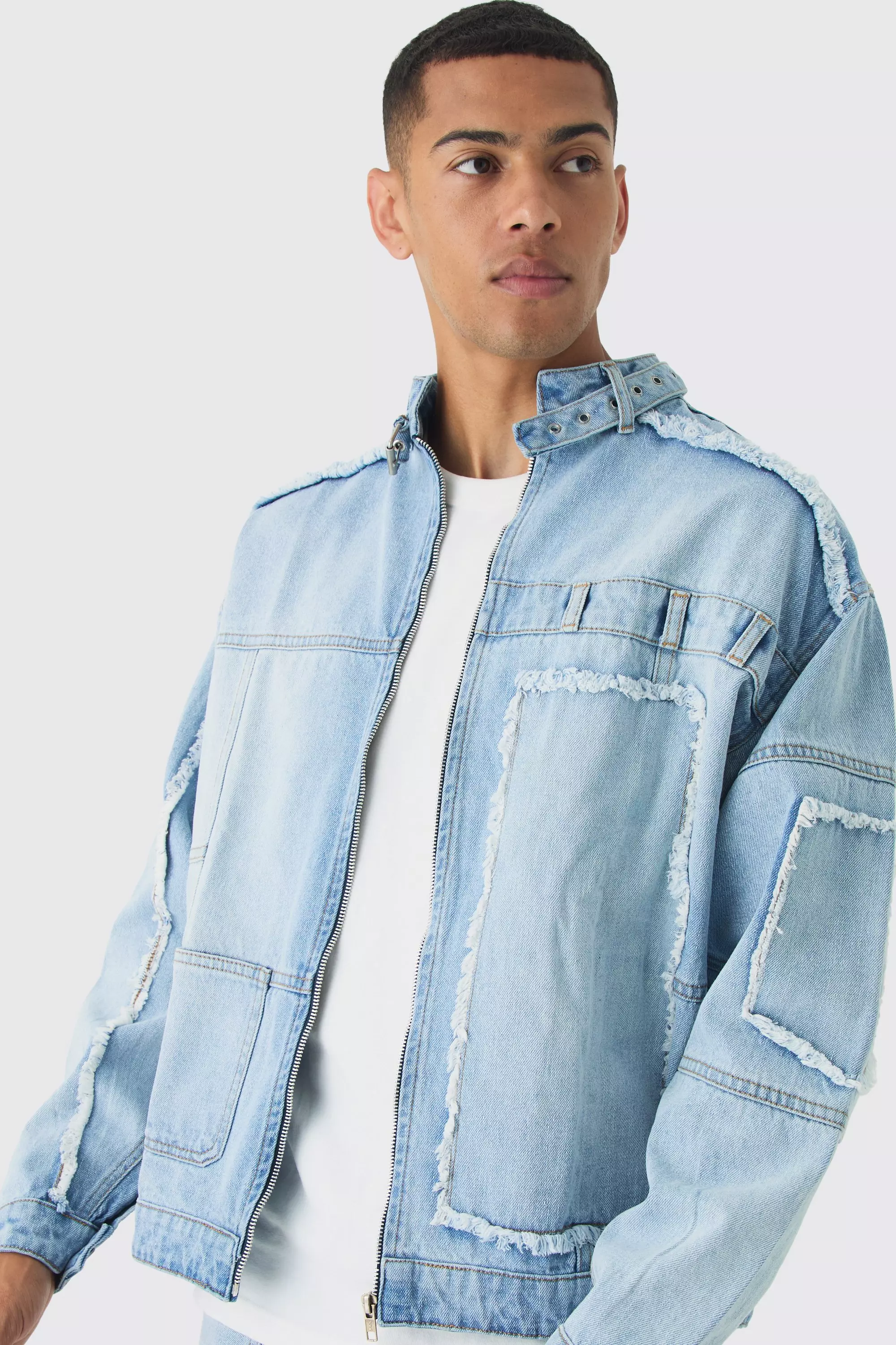 Light blue Oversized Dirty Wash Carpenter Denim Biker Jacket alternative image