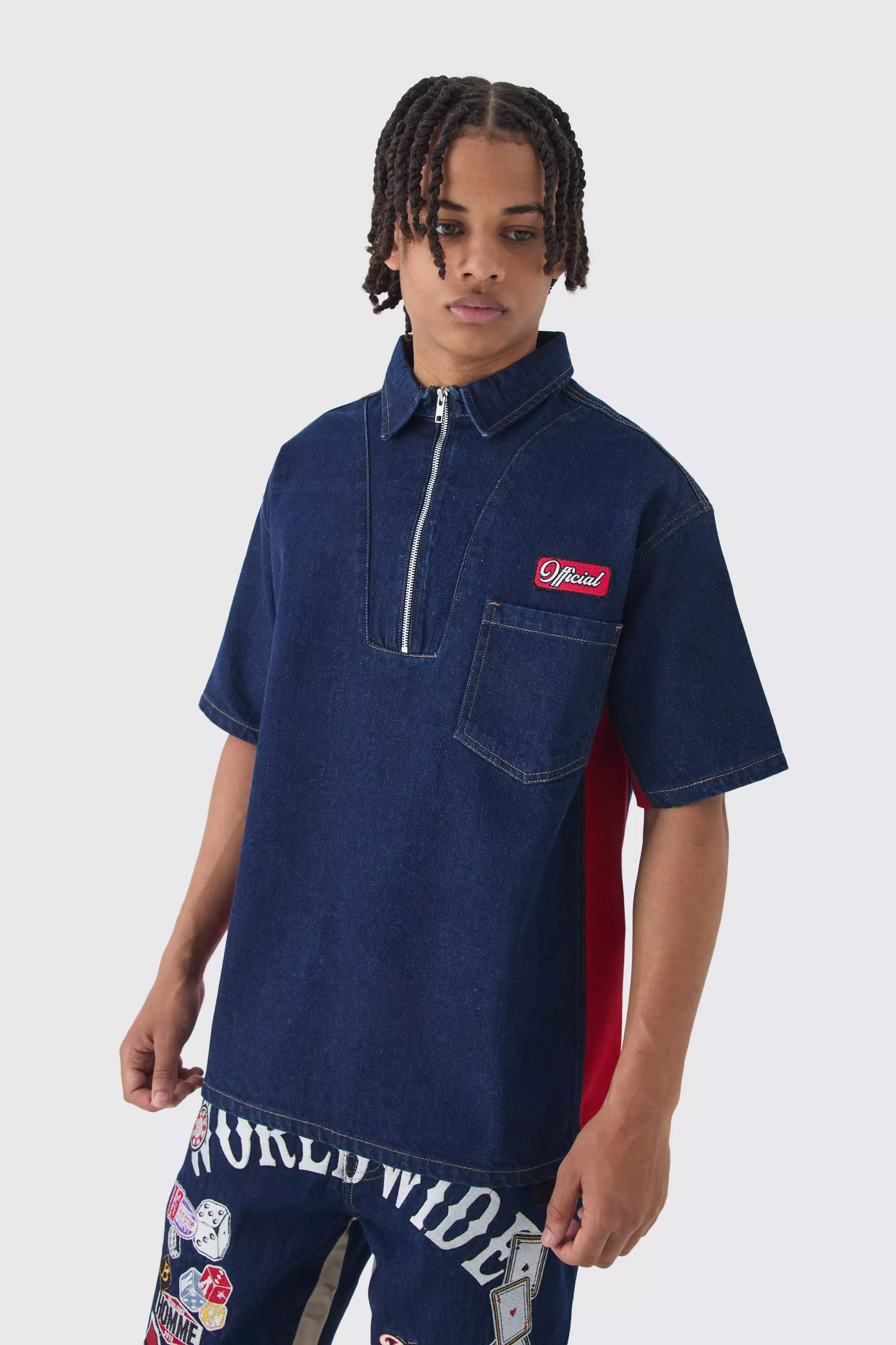 Oversized Zip Through Badge Denim Shirt Indigo