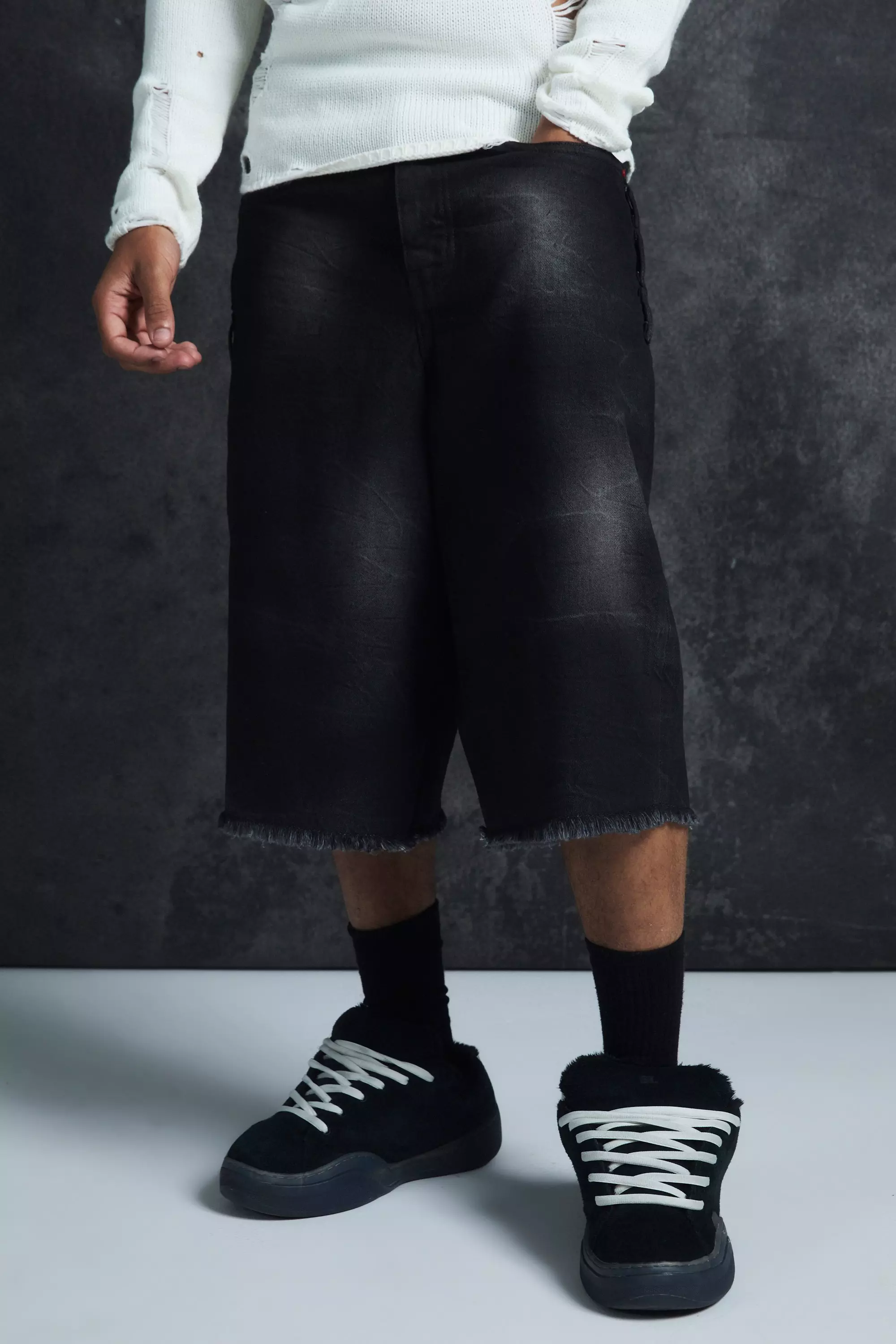 Black Trippie Redd Long Line Extreme Washed Denim Jorts