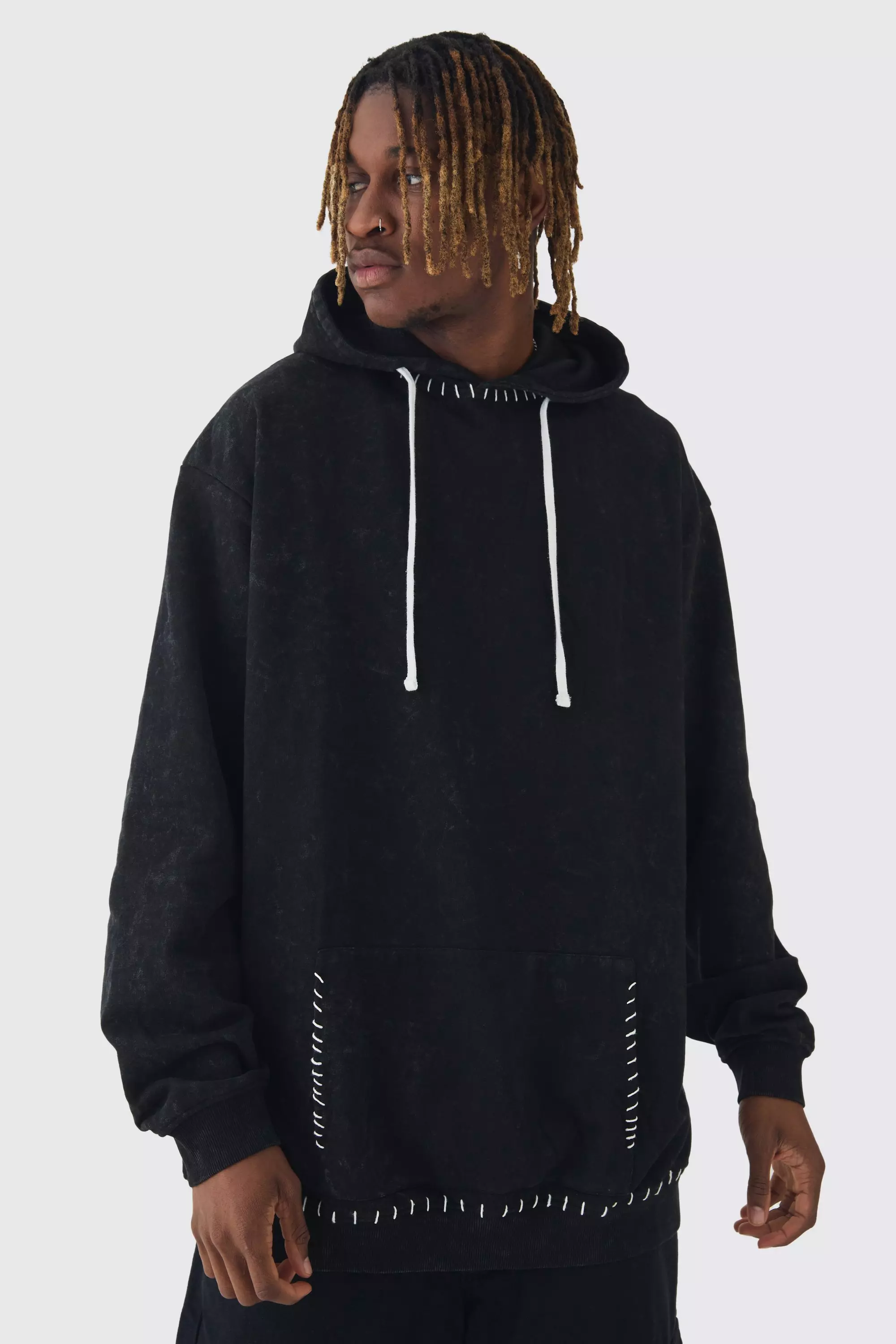 Tall Stitch Detail Oversized Washed Hoodie Charcoal