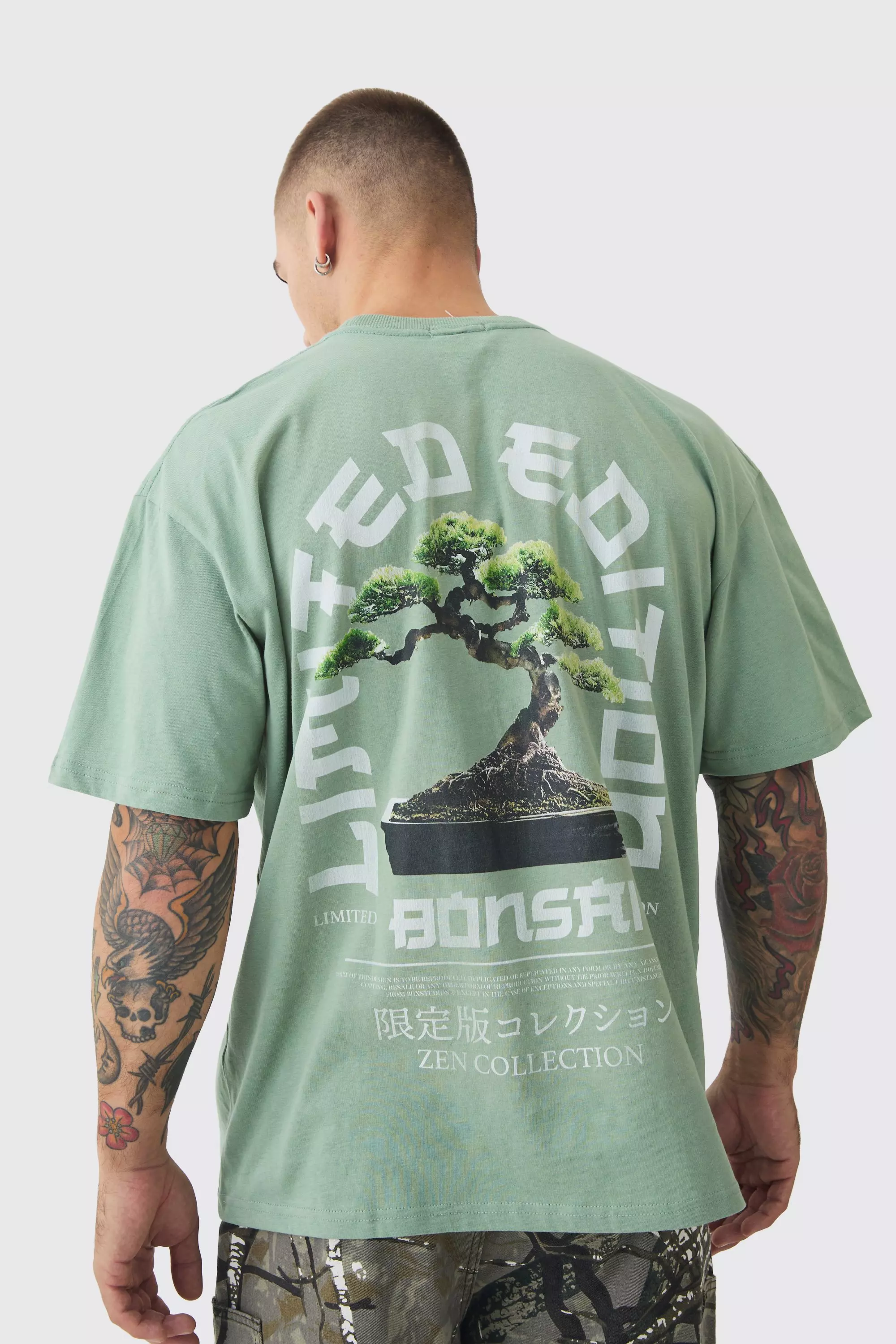 Sage Oversized Gebleekt T-Shirt Met Boom Print alternatieve afbeelding