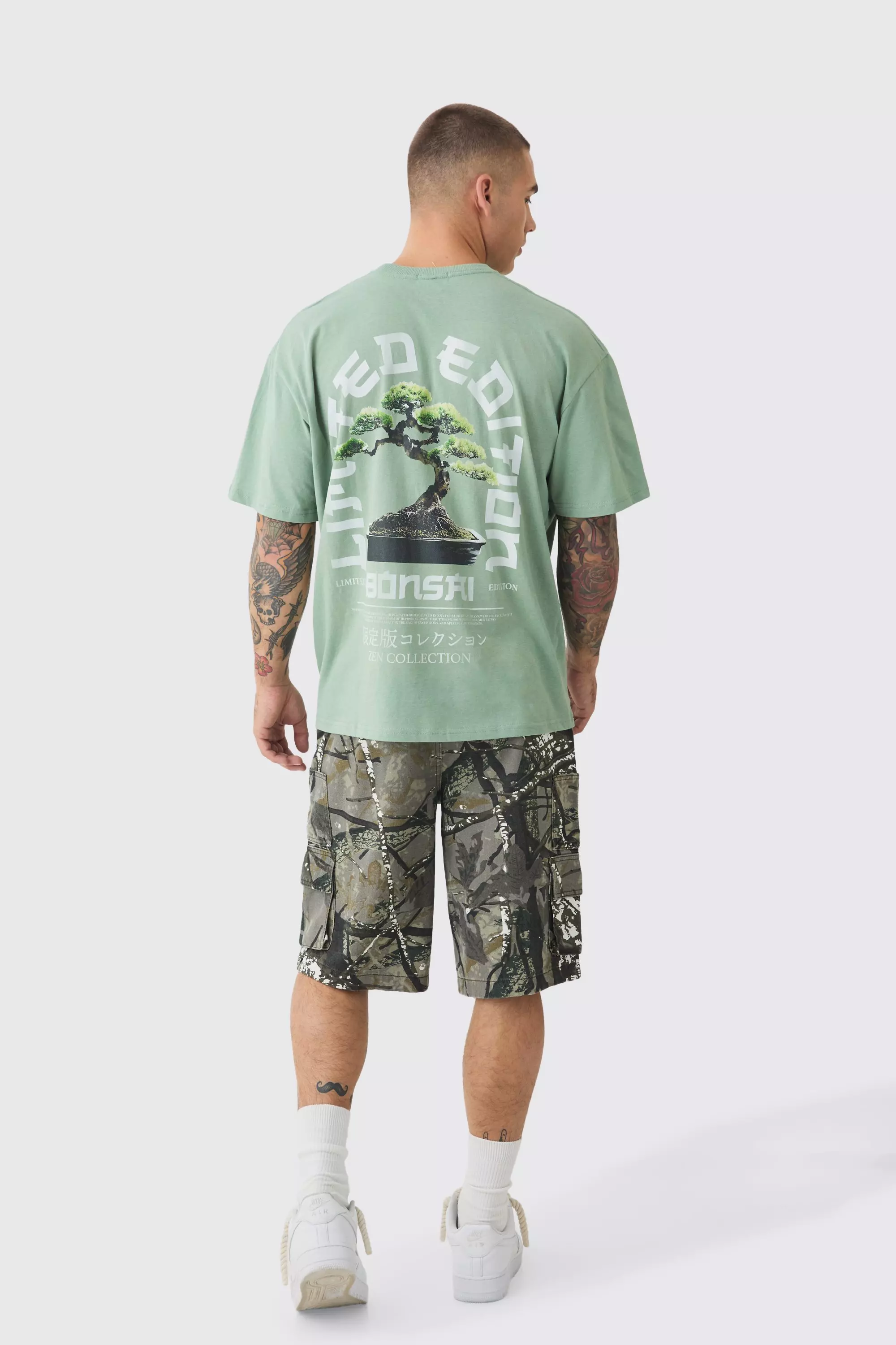 Sage Oversized Gebleekt T-Shirt Met Boom Print alternatieve afbeelding
